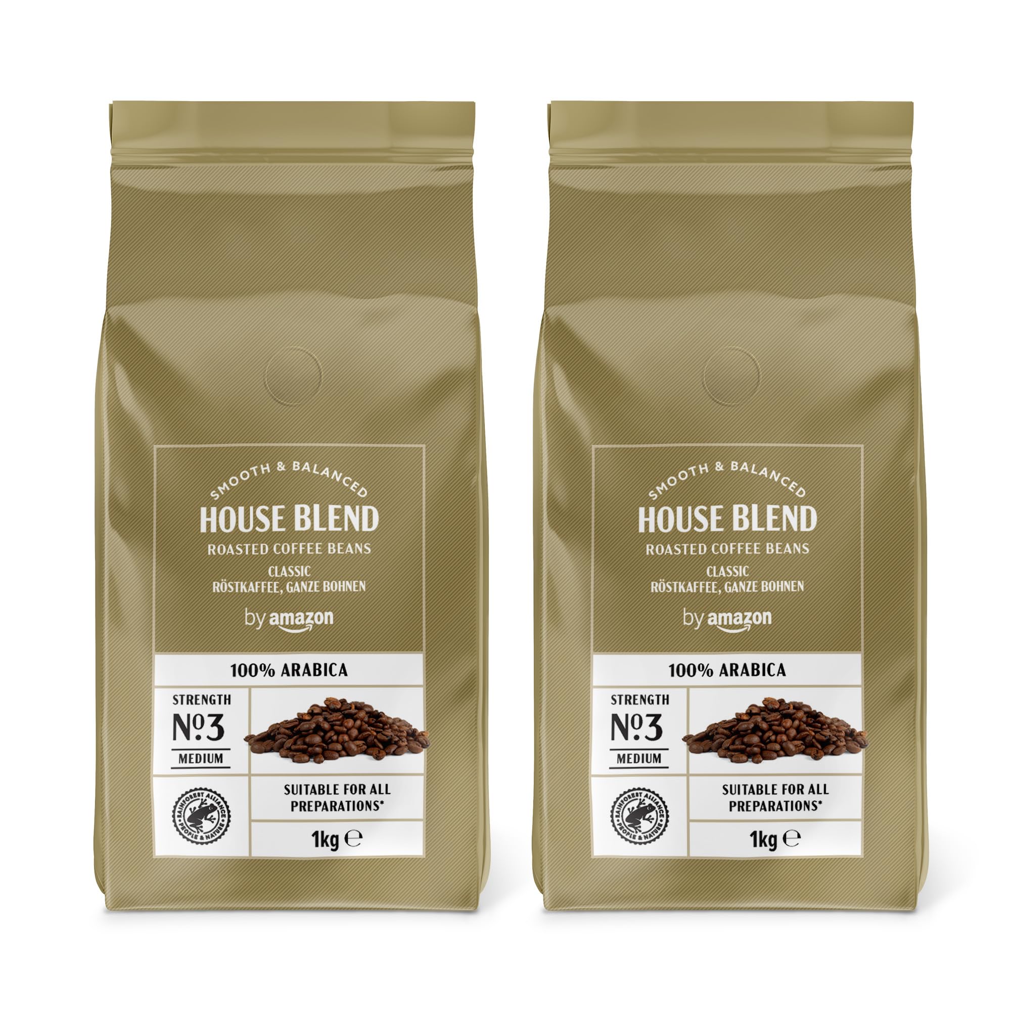 by Amazon House Blend Grains de café , torréfaction moyennement poussée, 100% Arabica, 1 kg, lot de 1, Certifiés Rainforest Alliance
