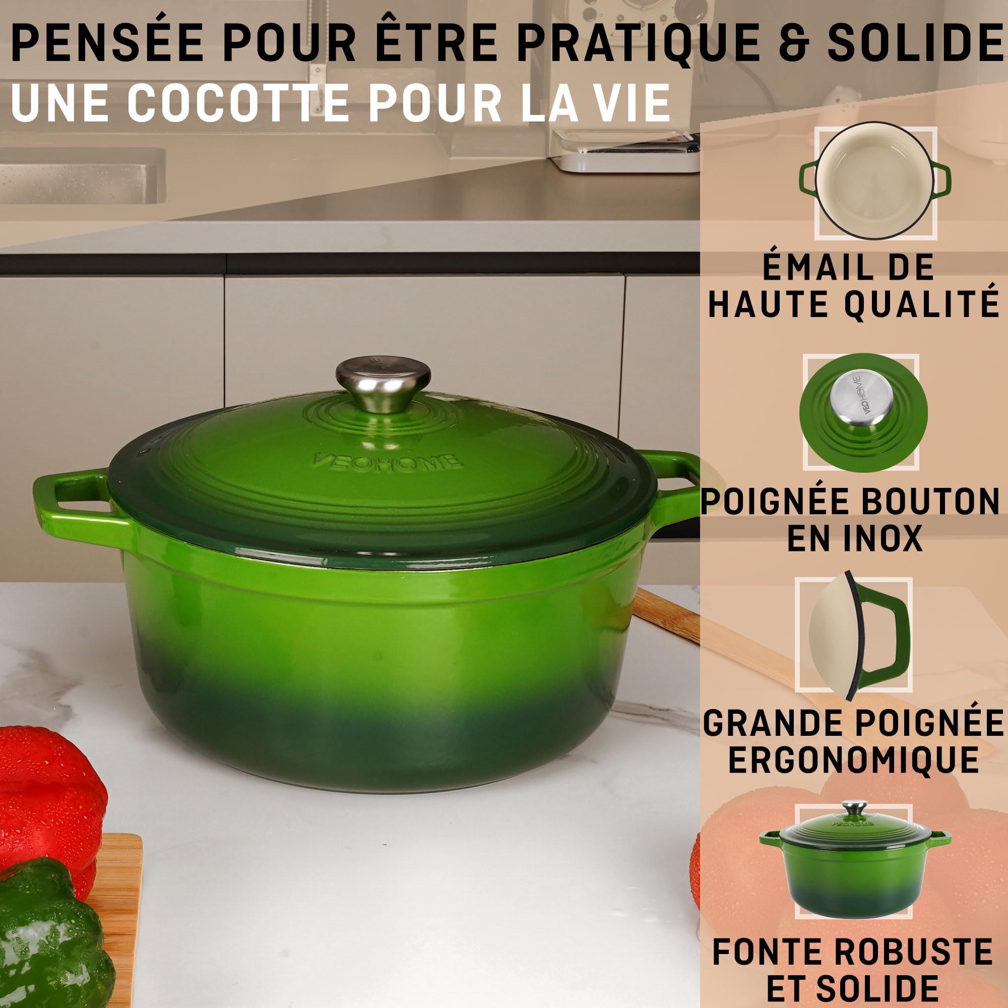 Cocotte Fonte Émaillée VeoHome Rouge 6L Ø28cm, Faitout Ultra Résistant,Marmite Compatible Induction/Gaz/Four, Cuisson Homogène, Saveurs Authentiques, Couvercle Relief