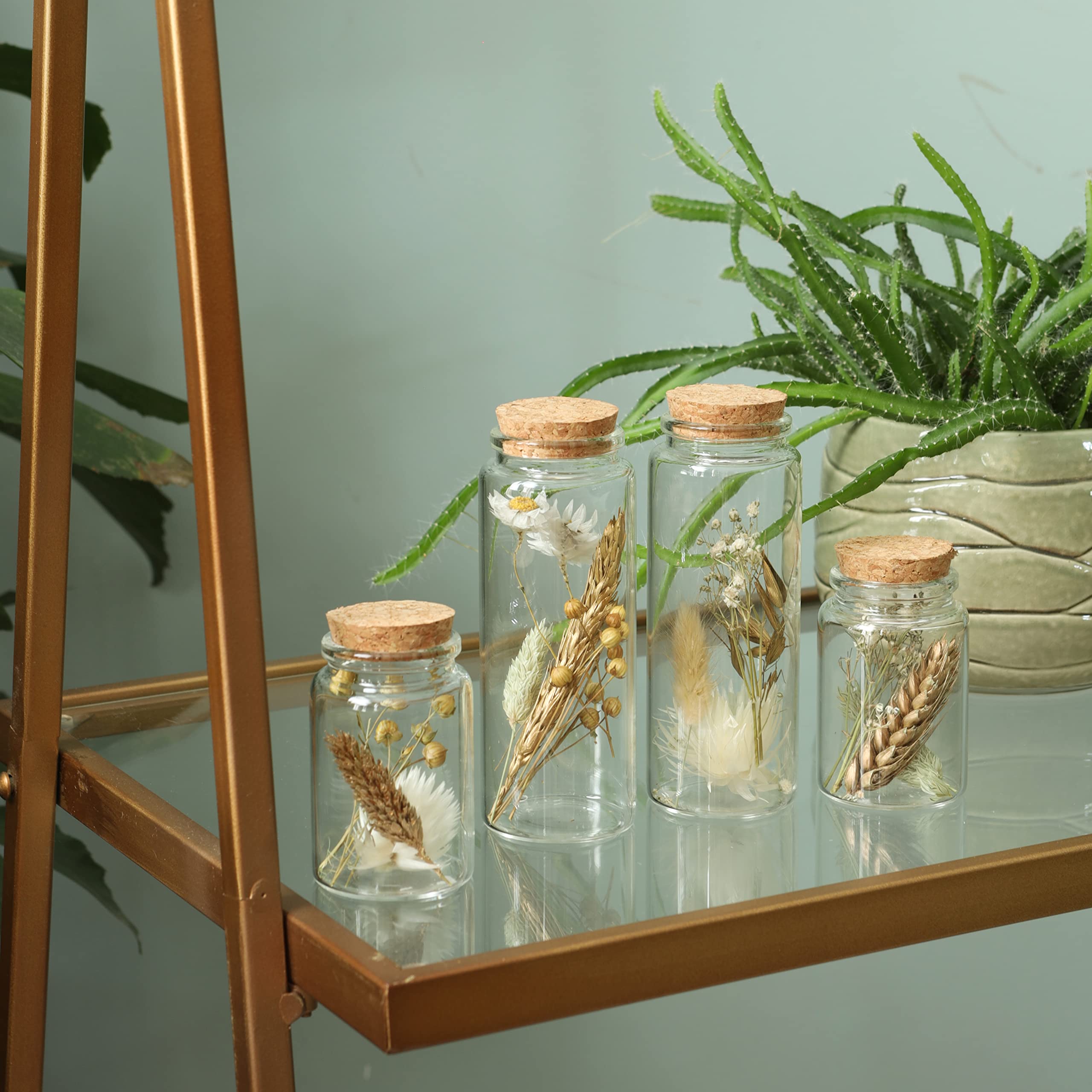 Comforder Fleurs Séchées en Verre avec Bouchon en Liège 4pcs, Décoration de Fleurs Séchées Naturelles dans Bouteille en Verre, Mariage Champêtre (Naturel)