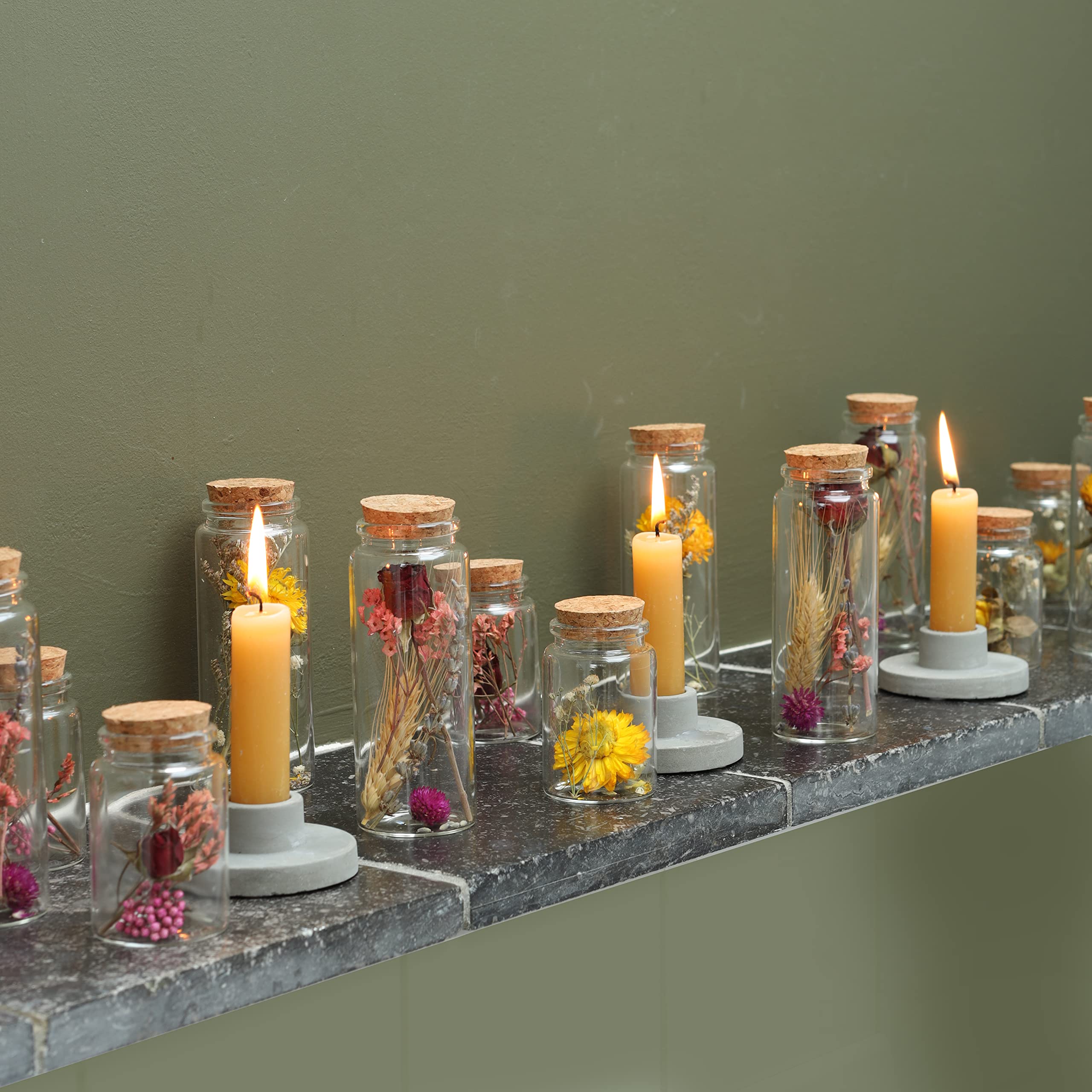 Comforder Fleurs Séchées en Verre avec Bouchon en Liège 4pcs, Décoration de Fleurs Séchées Naturelles dans Bouteille en Verre, Mariage Champêtre (Naturel)