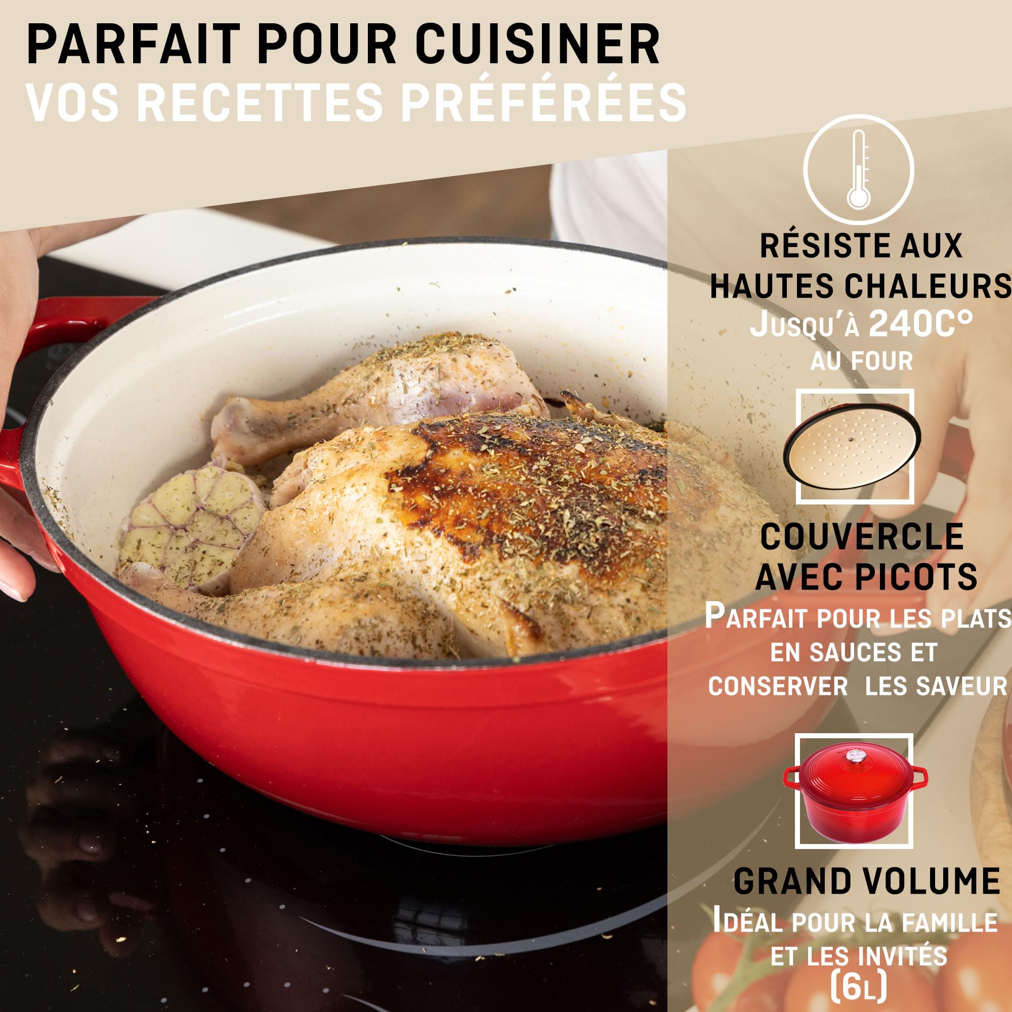Cocotte Fonte Émaillée VeoHome Rouge 6L Ø28cm, Faitout Ultra Résistant,Marmite Compatible Induction/Gaz/Four, Cuisson Homogène, Saveurs Authentiques, Couvercle Relief