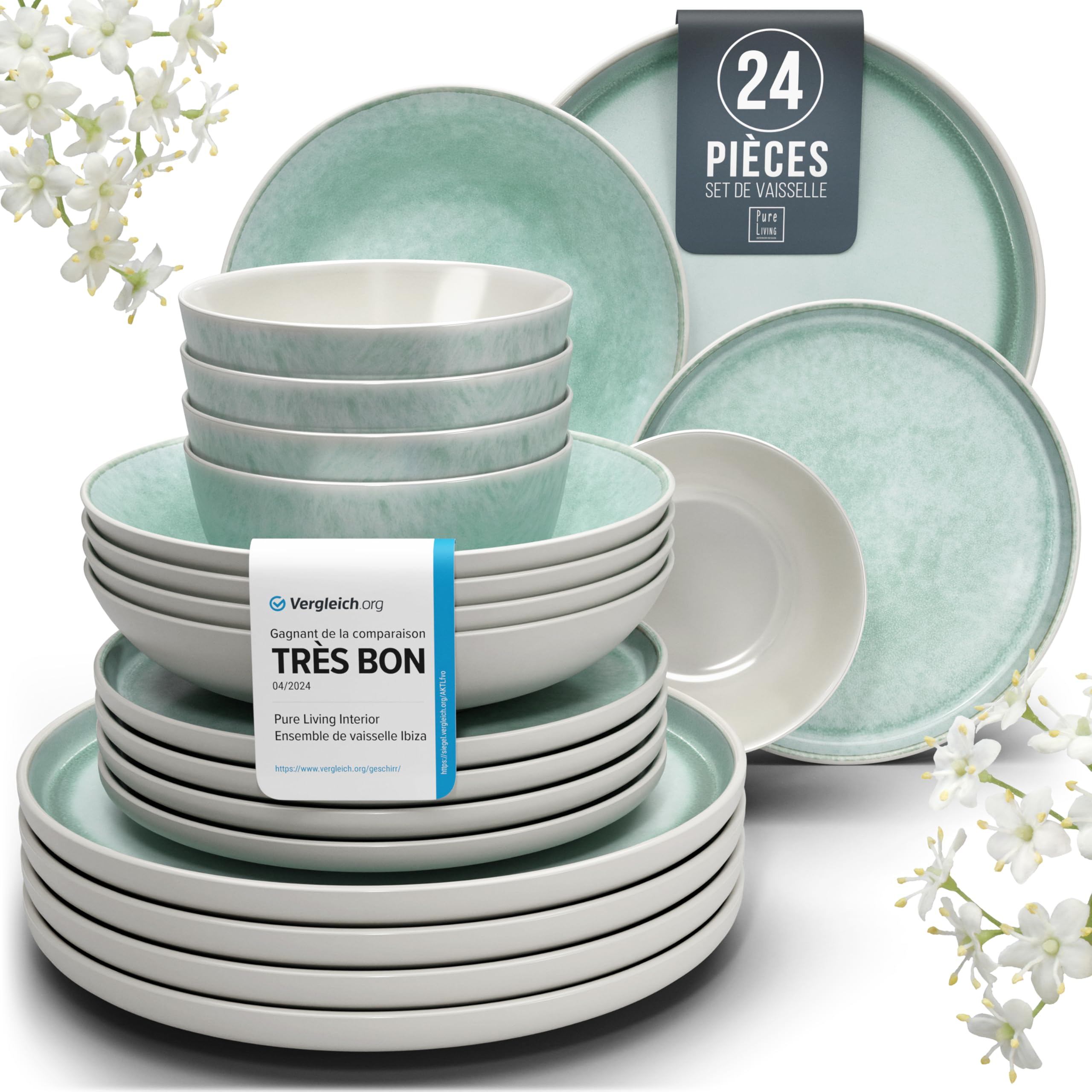 1.1.1.1. Ensemble de Vaisselle Rustique en Grès - Assiettes de Table Modernes Lavables au Lave-Vaisselle - Set de Vaisselle 6 Personnes Élégant en Bleu Fumé - Pure Living pour 6, Assiettes de Dîner