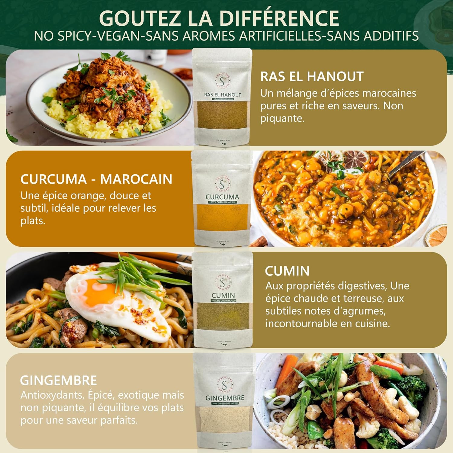 Coffret EPICES du Maroc **A OFFRIR** 100% naturel "Meilleures ventes" avec 4 épices les plus vendues-CADEAU EPICES -Saveurs authentiques de la cuisine orientale-gingembre-cumin-ras el hanout-cumin