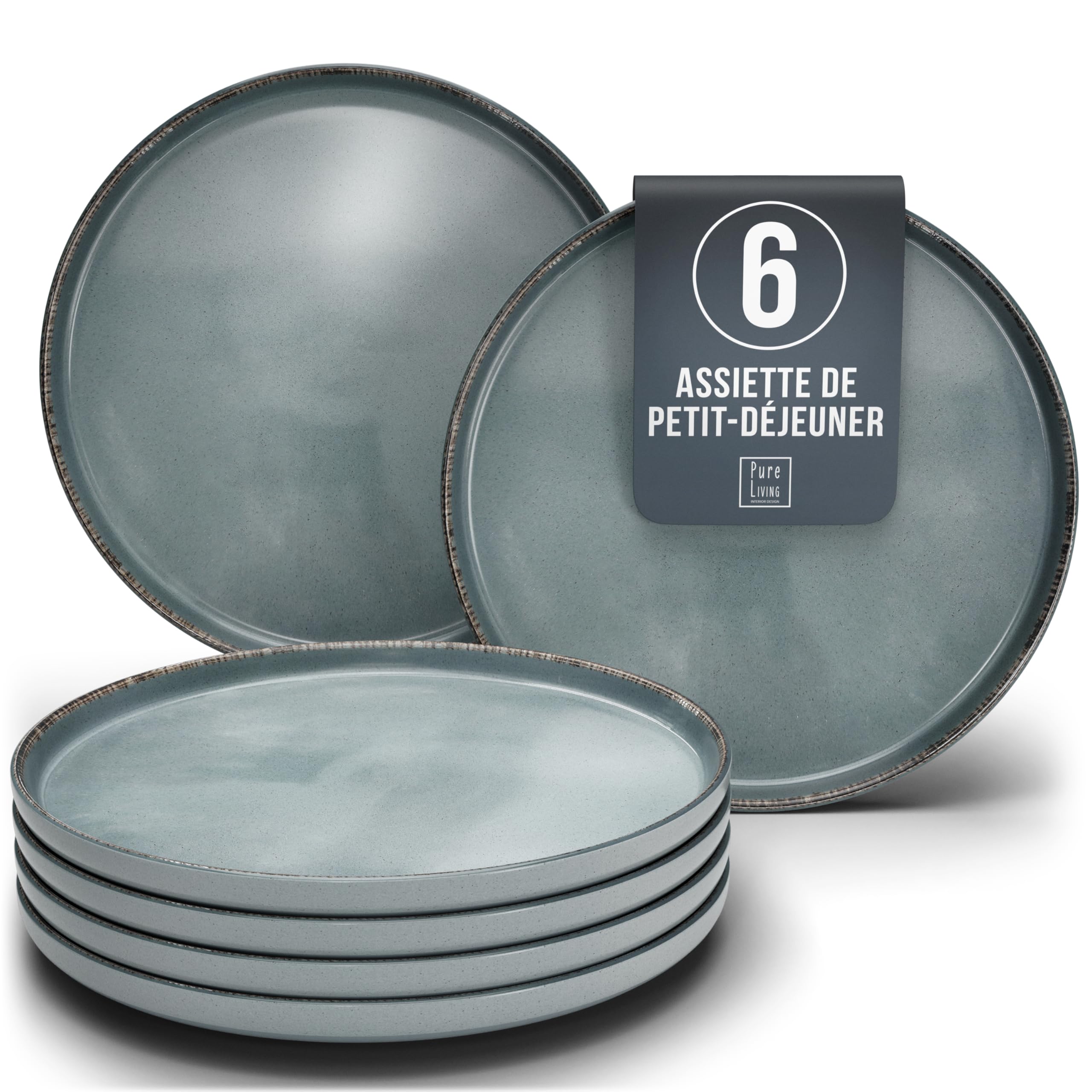 1.1.1.1. Ensemble de Vaisselle Rustique en Grès - Assiettes de Table Modernes Lavables au Lave-Vaisselle - Set de Vaisselle 6 Personnes Élégant en Bleu Fumé - Pure Living pour 6, Assiettes de Dîner