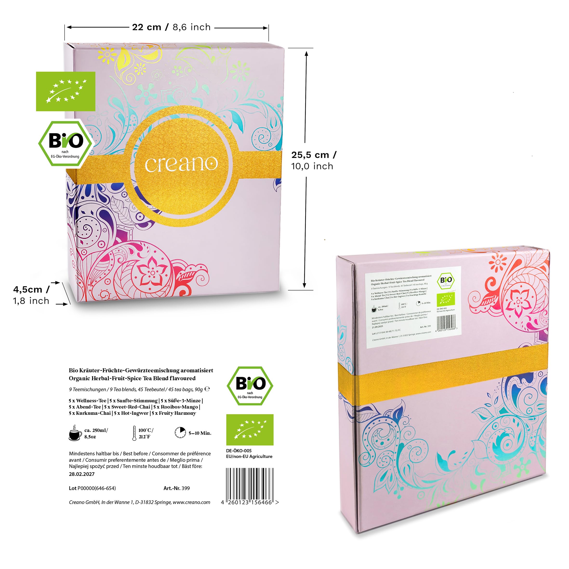 Creano Infusion aux fruits bio - Coffret cadeau - 27 sachets de thé bio en 9 variétés magnifiques - 54g*