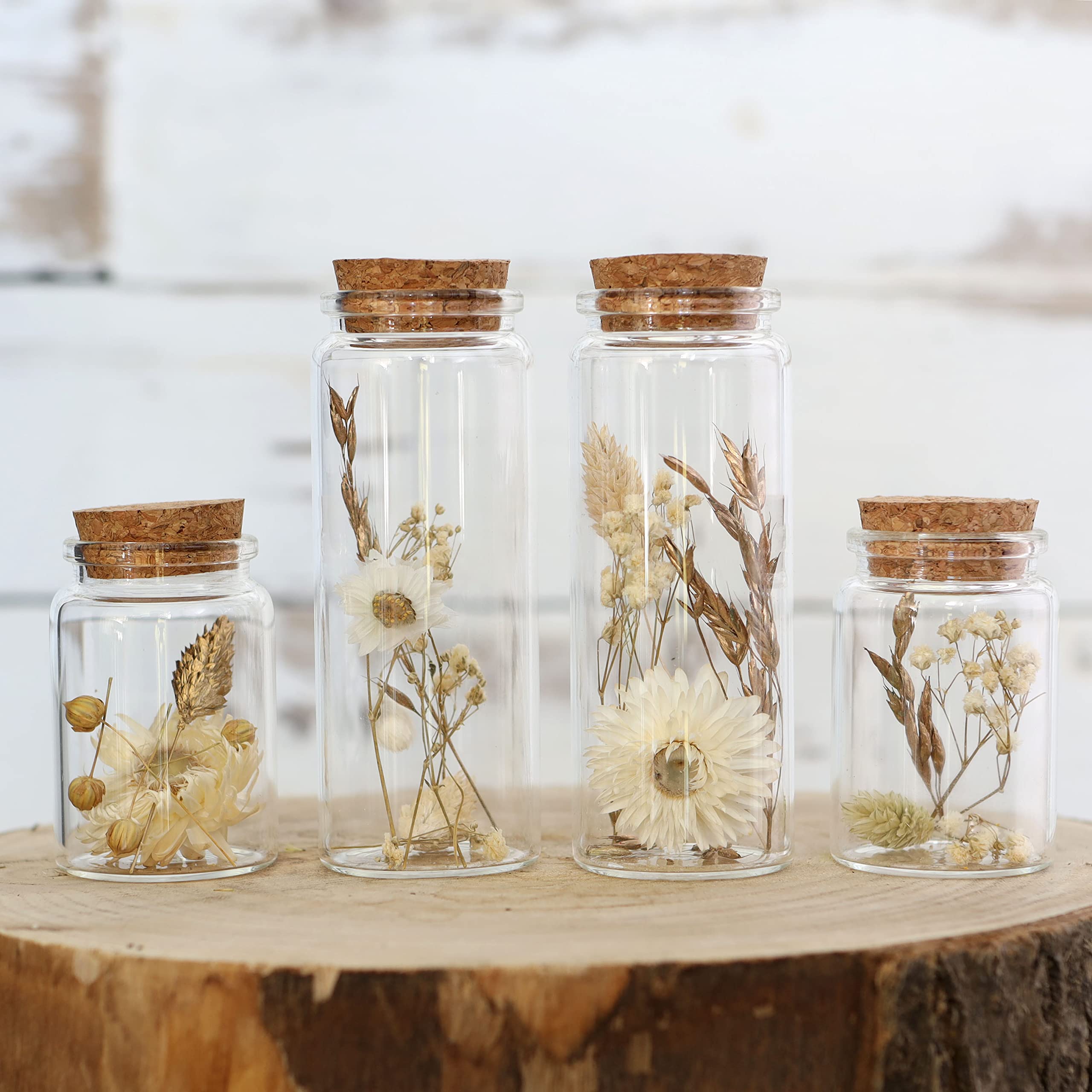 Comforder Fleurs Séchées en Verre avec Bouchon en Liège 4pcs, Décoration de Fleurs Séchées Naturelles dans Bouteille en Verre, Mariage Champêtre (Naturel)