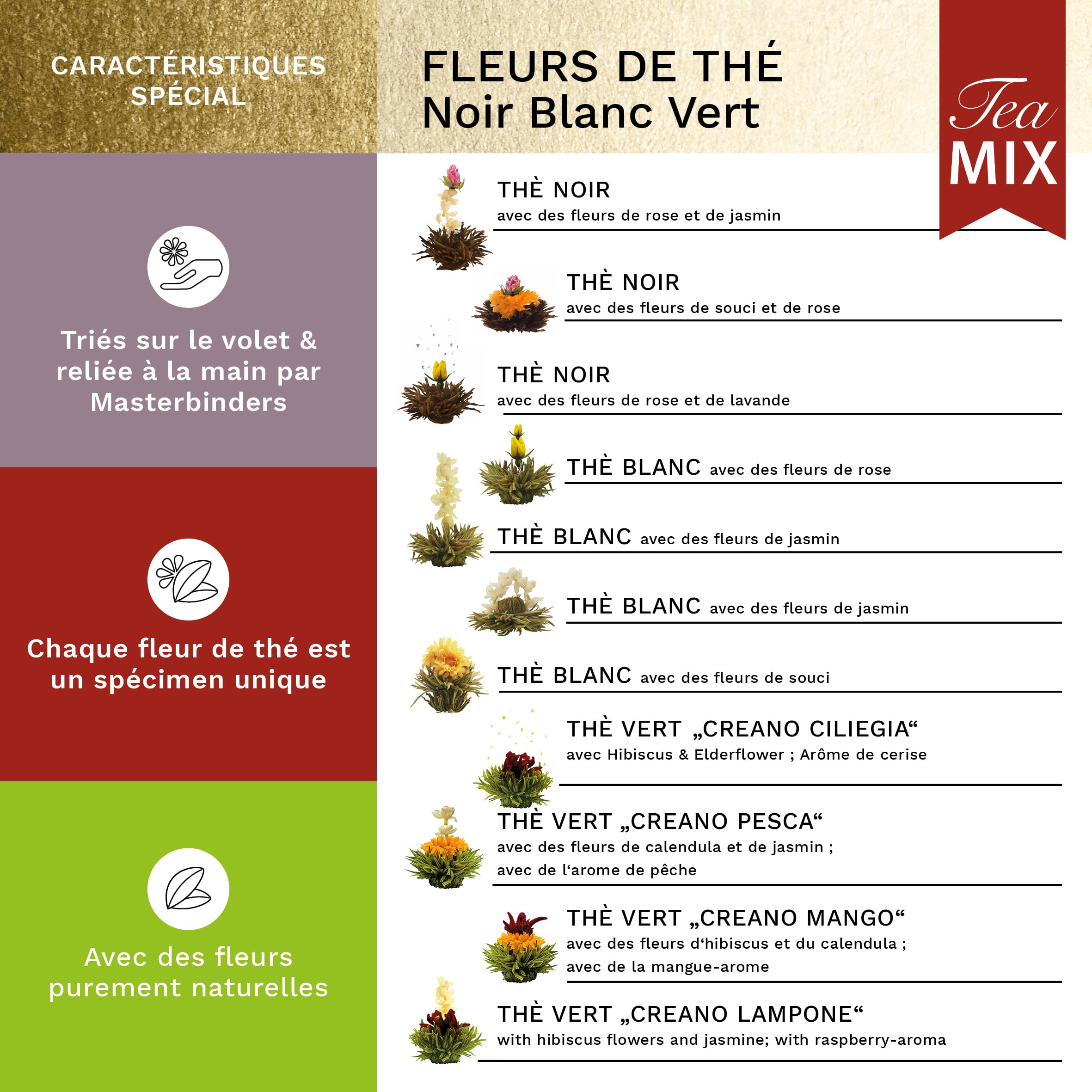 Creano Coffret Cadeau avec Fleurs de Thé dans Une Boîte Magnétique - Thé Blanc, Noir, Vert - 6 Fleurs de Thé avec 6 Sortes différentes