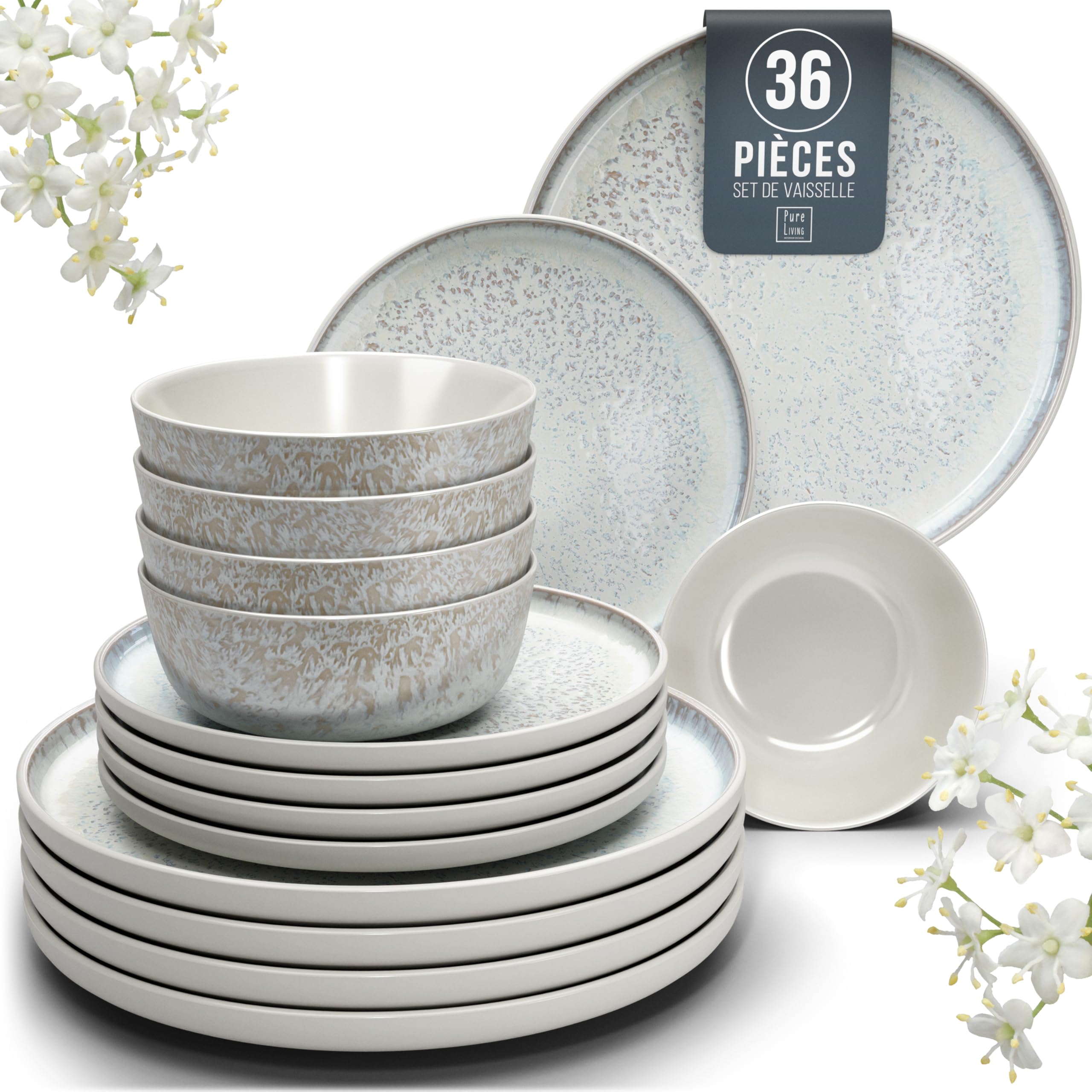 1.1.1.1. Ensemble de Vaisselle Rustique en Grès - Assiettes de Table Modernes Lavables au Lave-Vaisselle - Set de Vaisselle 6 Personnes Élégant en Bleu Fumé - Pure Living pour 6, Assiettes de Dîner