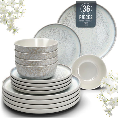 1.1.1.1. Ensemble de Vaisselle Rustique en Grès - Assiettes de Table Modernes Lavables au Lave-Vaisselle - Set de Vaisselle 6 Personnes Élégant en Bleu Fumé - Pure Living pour 6, Assiettes de Dîner