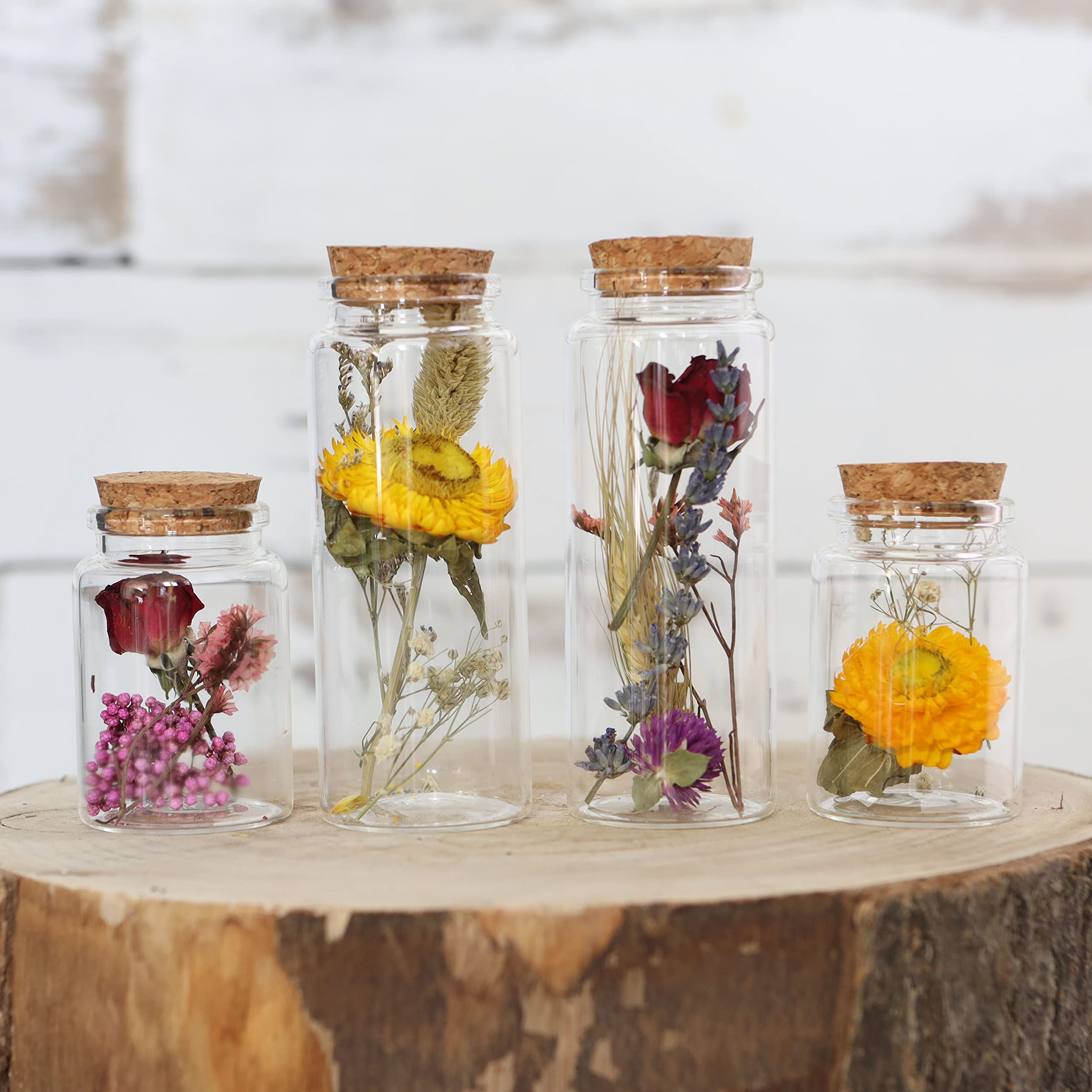 Comforder Fleurs Séchées en Verre avec Bouchon en Liège 4pcs, Décoration de Fleurs Séchées Naturelles dans Bouteille en Verre, Mariage Champêtre (Naturel)
