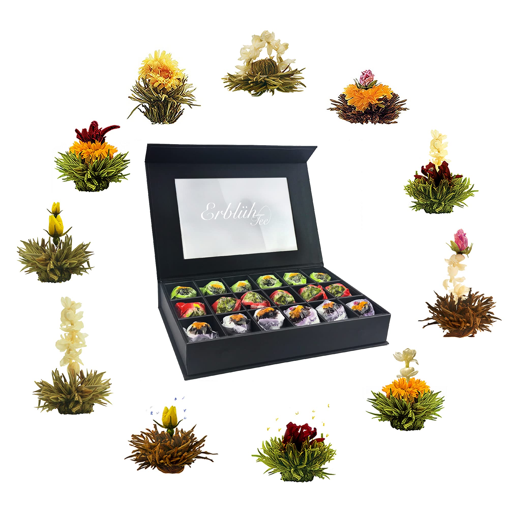 Creano Coffret Cadeau avec Fleurs de Thé dans Une Boîte Magnétique - Thé Blanc, Noir, Vert - 6 Fleurs de Thé avec 6 Sortes différentes