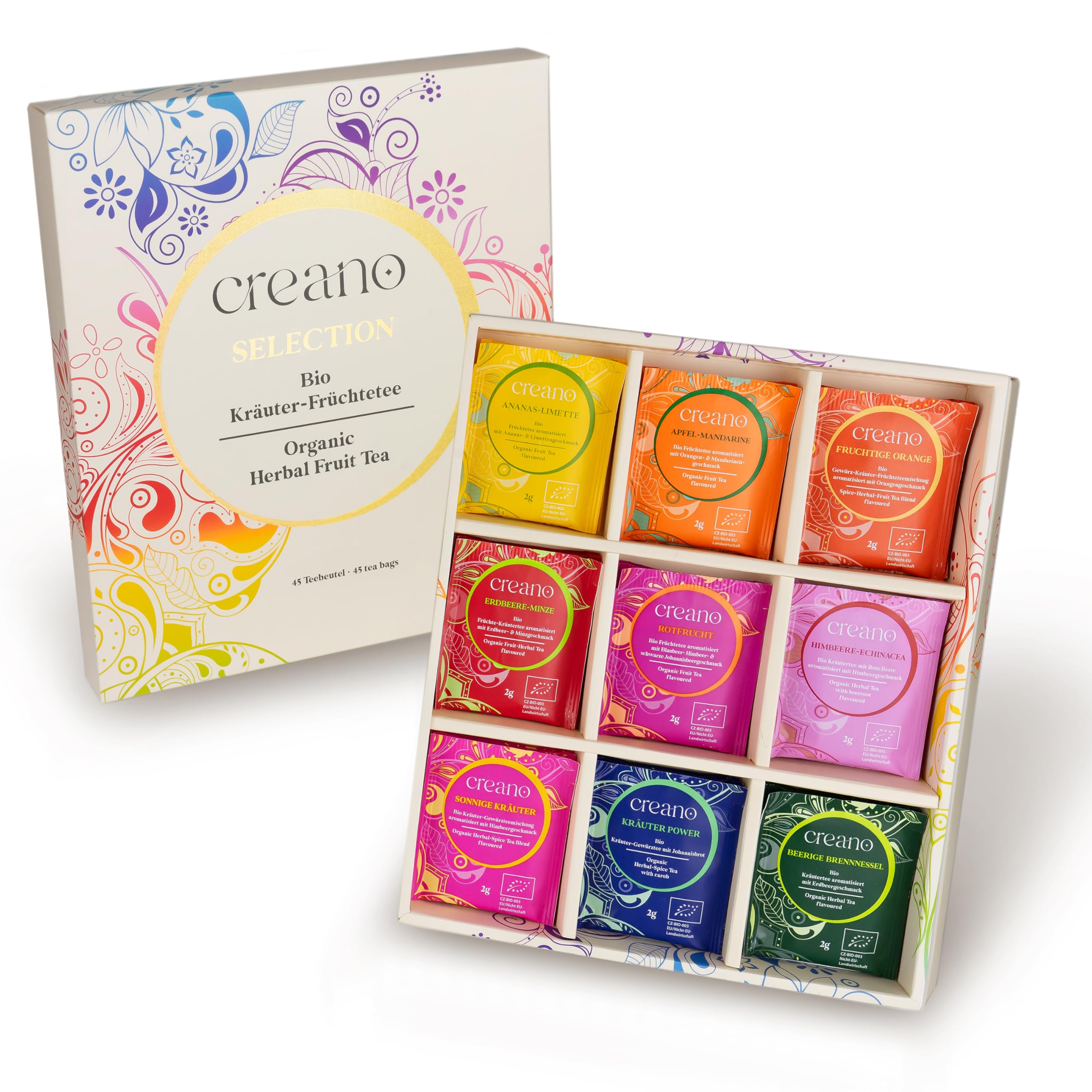 Creano Infusion aux fruits bio - Coffret cadeau - 27 sachets de thé bio en 9 variétés magnifiques - 54g*