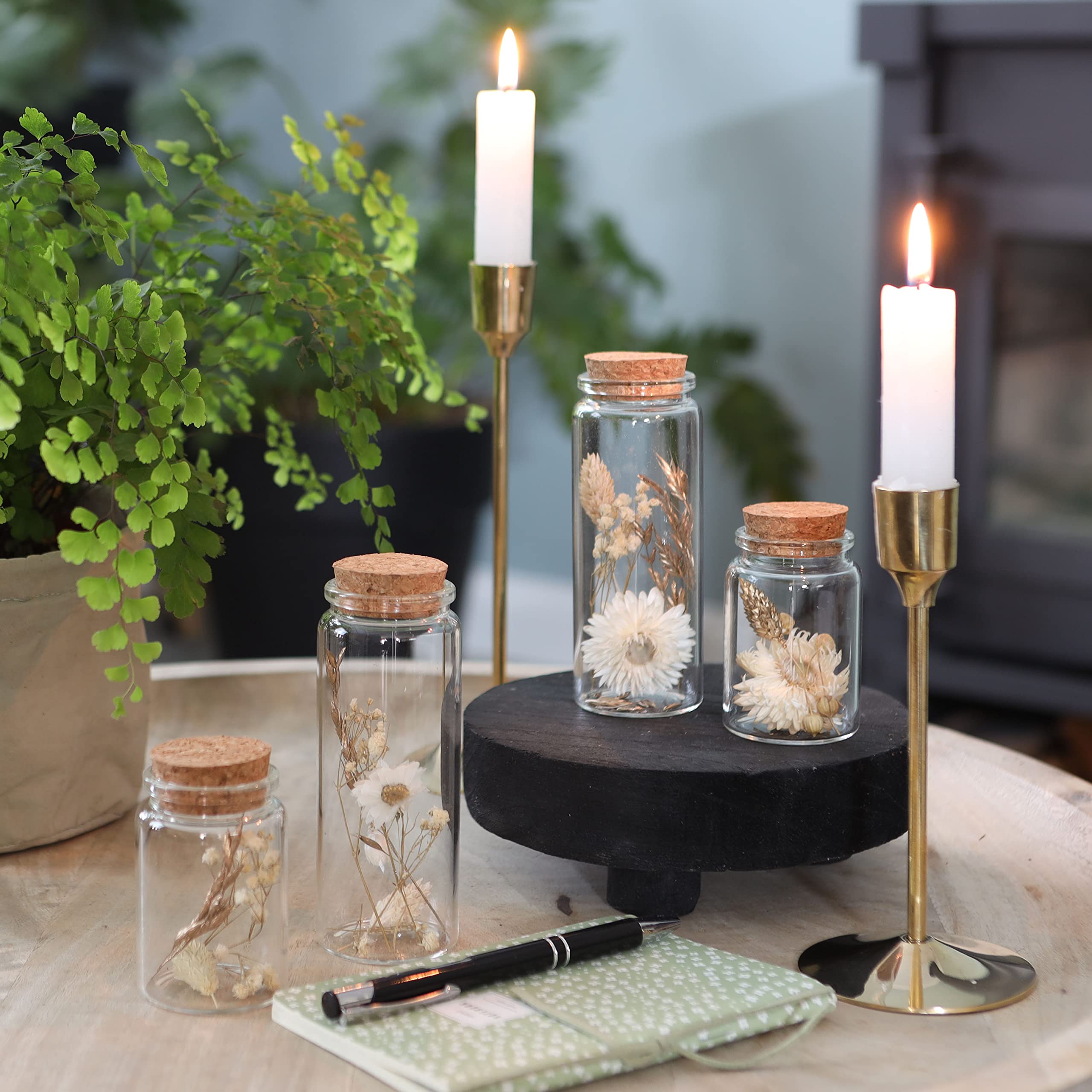 Comforder Fleurs Séchées en Verre avec Bouchon en Liège 4pcs, Décoration de Fleurs Séchées Naturelles dans Bouteille en Verre, Mariage Champêtre (Naturel)