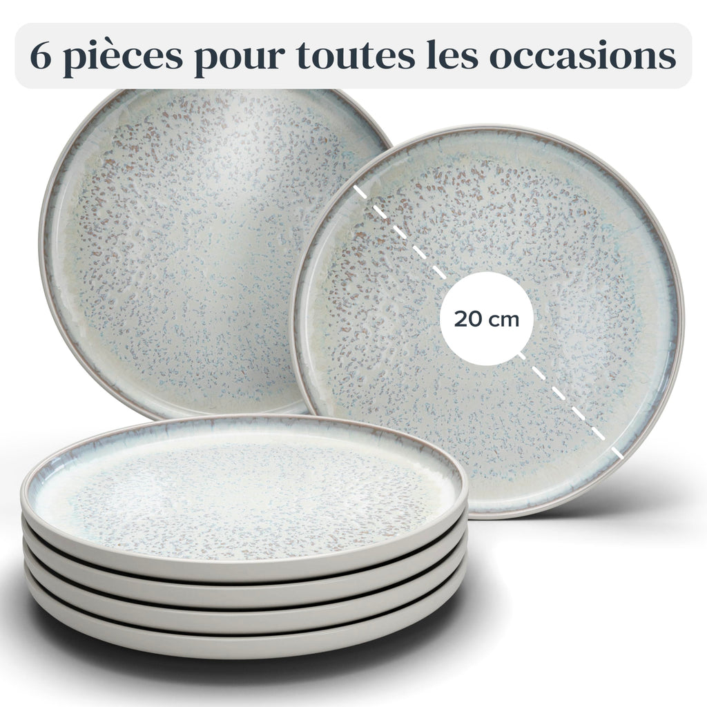 1.1.1.1. Ensemble de Vaisselle Rustique en Grès - Assiettes de Table Modernes Lavables au Lave-Vaisselle - Set de Vaisselle 6 Personnes Élégant en Bleu Fumé - Pure Living pour 6, Assiettes de Dîner