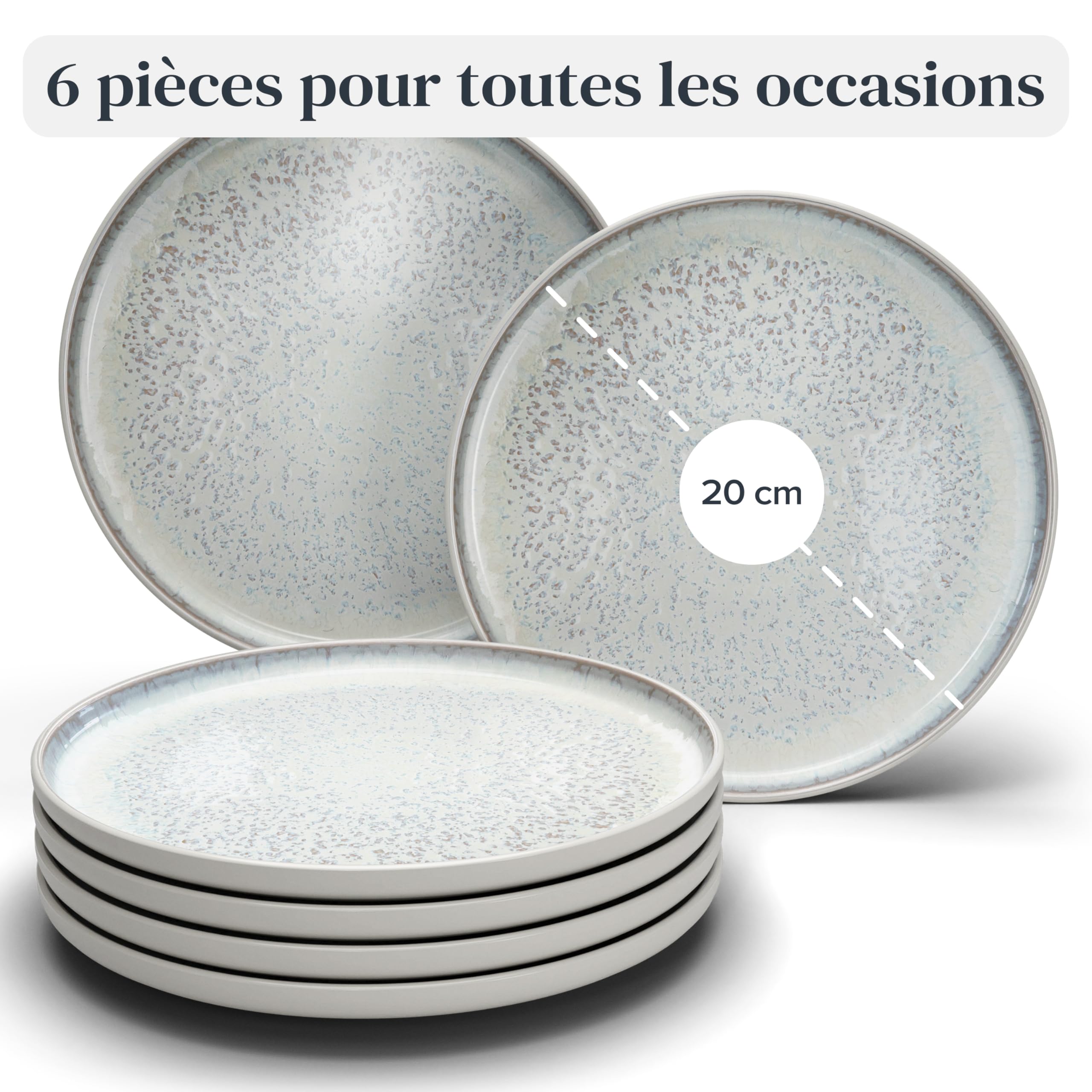 1.1.1.1. Ensemble de Vaisselle Rustique en Grès - Assiettes de Table Modernes Lavables au Lave-Vaisselle - Set de Vaisselle 6 Personnes Élégant en Bleu Fumé - Pure Living pour 6, Assiettes de Dîner