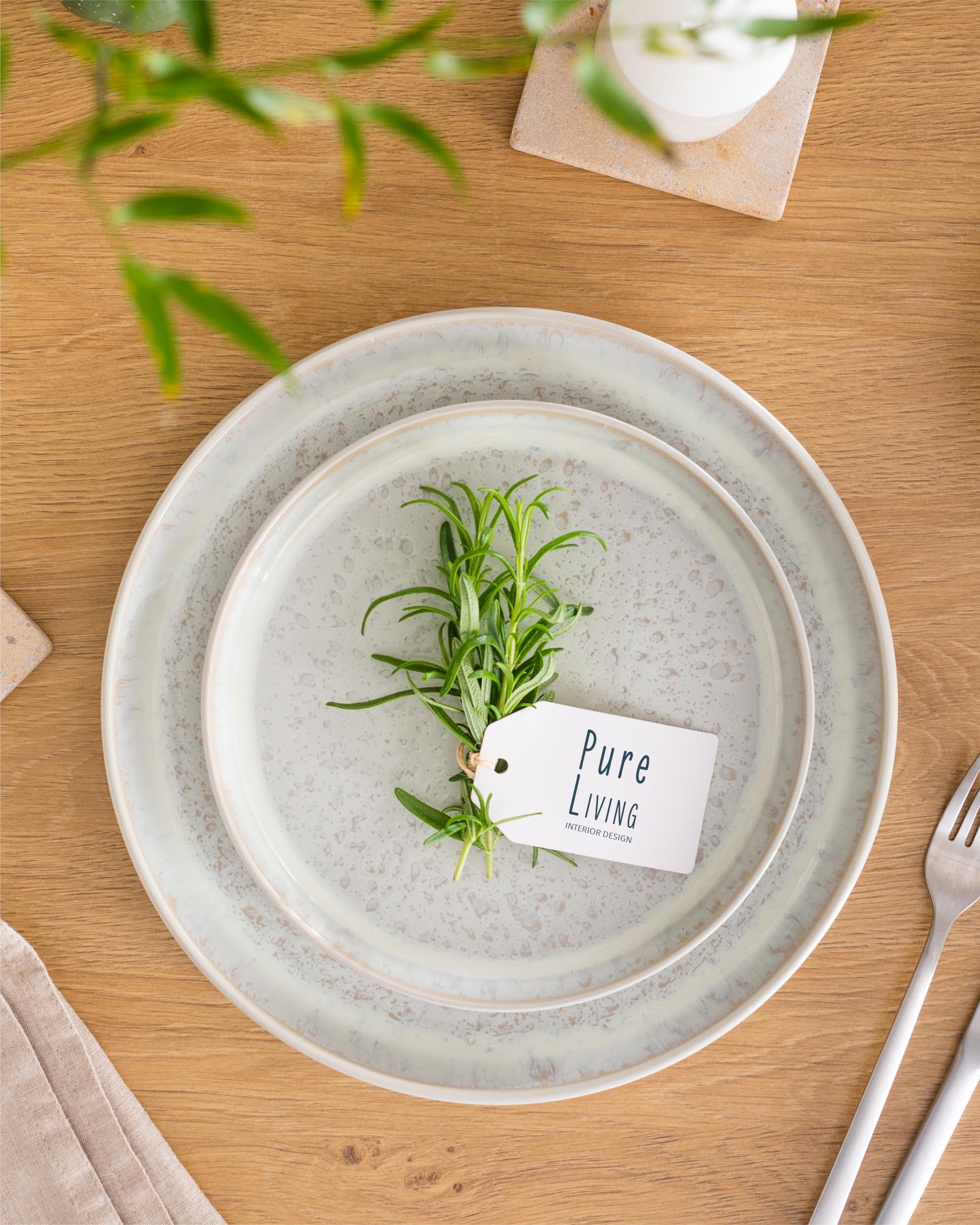 1.1.1.1. Ensemble de Vaisselle Rustique en Grès - Assiettes de Table Modernes Lavables au Lave-Vaisselle - Set de Vaisselle 6 Personnes Élégant en Bleu Fumé - Pure Living pour 6, Assiettes de Dîner
