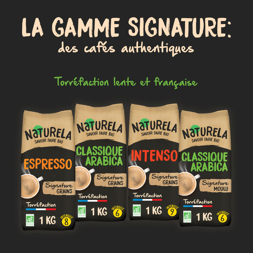 NATURELA - Café Grains Bio - Classique Arabica - 100% Arabica - Gamme Signature - Torréfaction Lente - Fabriqué en France - 1 kg