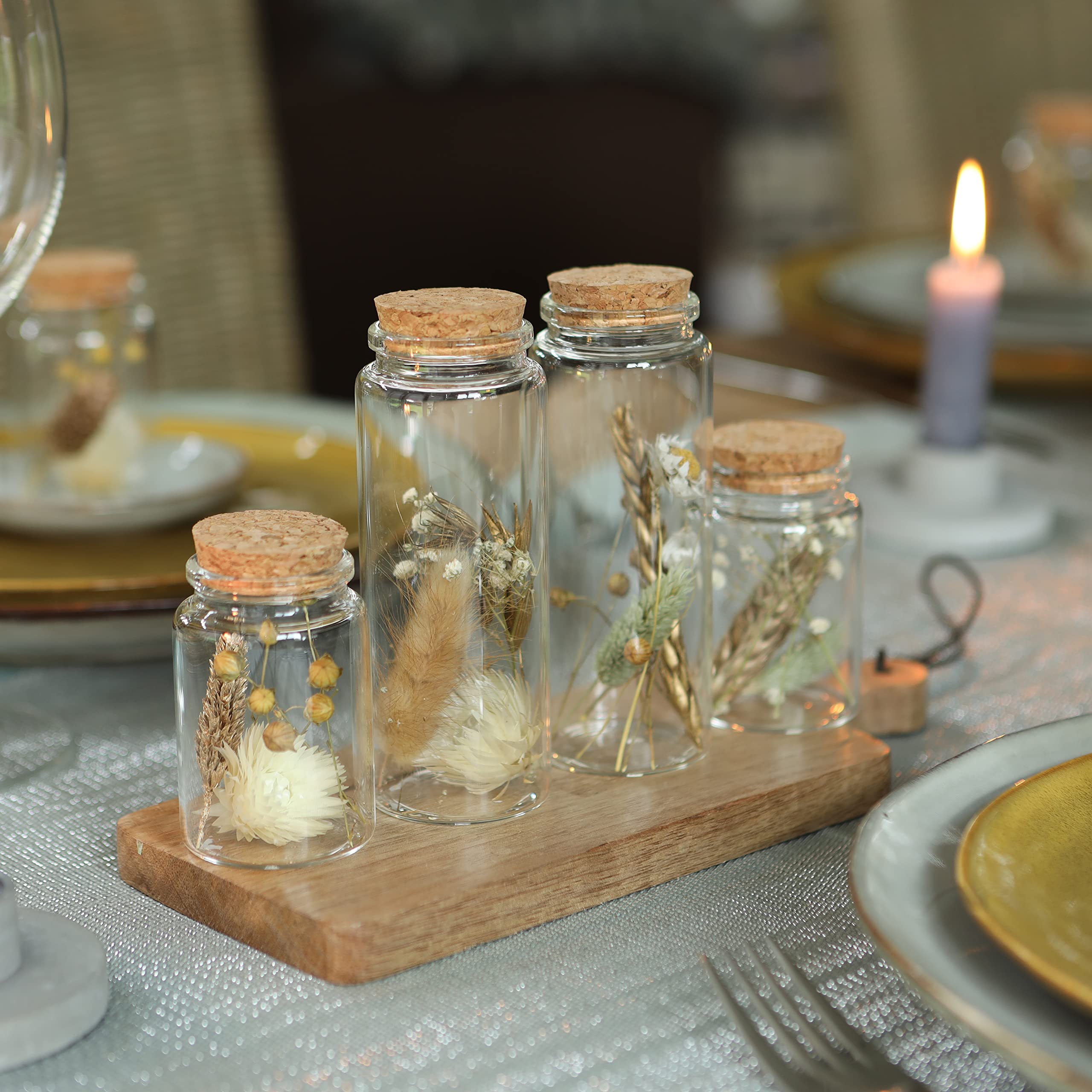 Comforder Fleurs Séchées en Verre avec Bouchon en Liège 4pcs, Décoration de Fleurs Séchées Naturelles dans Bouteille en Verre, Mariage Champêtre (Naturel)