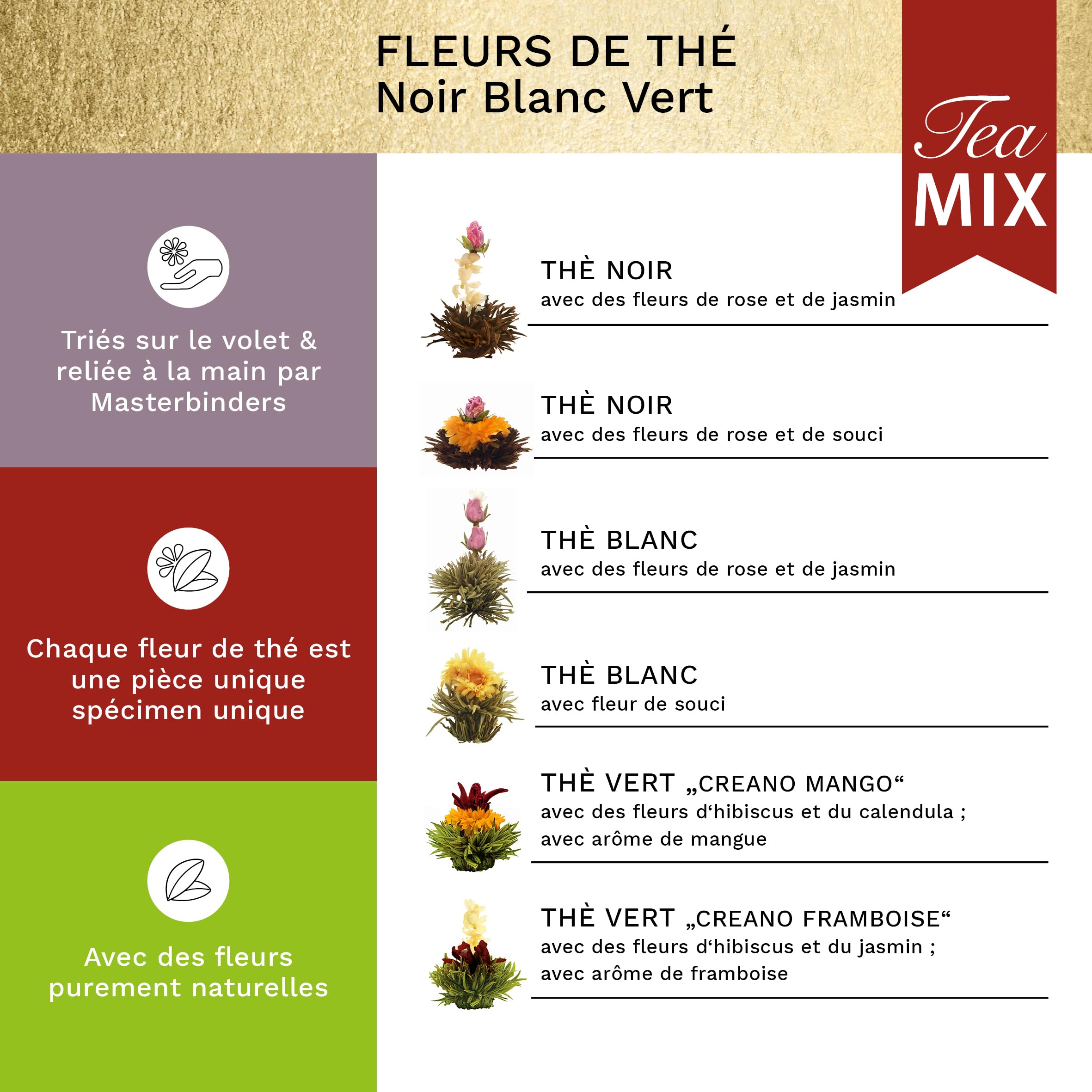Creano Coffret Cadeau avec Fleurs de Thé dans Une Boîte Magnétique - Thé Blanc, Noir, Vert - 6 Fleurs de Thé avec 6 Sortes différentes