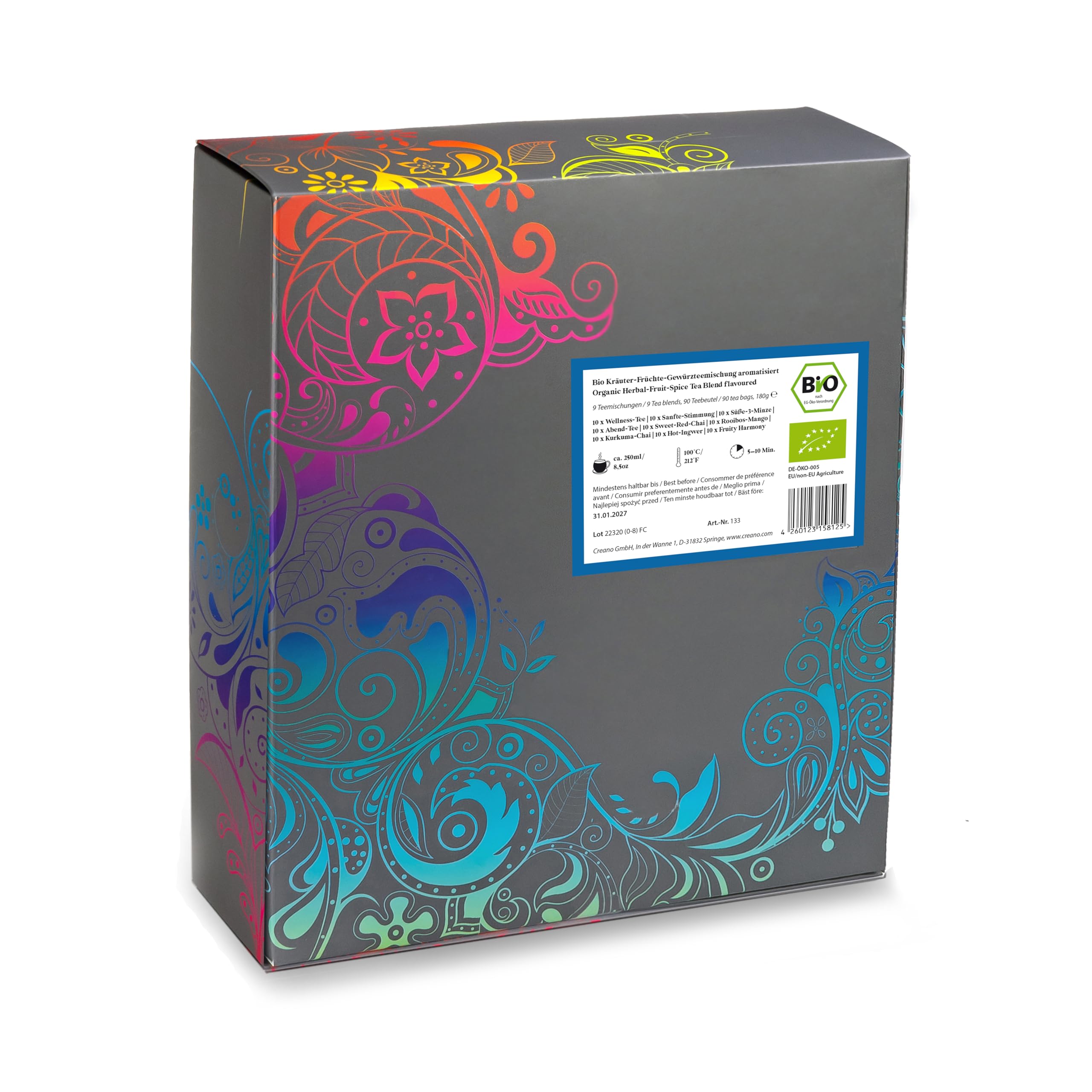 Creano Infusion aux fruits bio - Coffret cadeau - 27 sachets de thé bio en 9 variétés magnifiques - 54g*