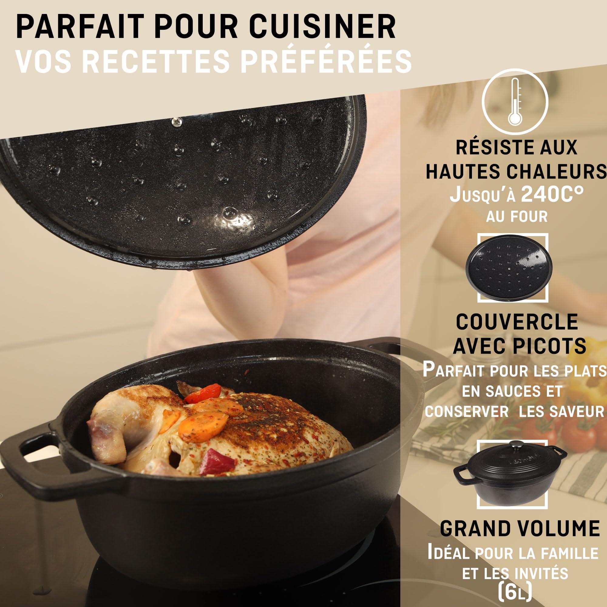Cocotte Fonte Émaillée VeoHome Rouge 6L Ø28cm, Faitout Ultra Résistant,Marmite Compatible Induction/Gaz/Four, Cuisson Homogène, Saveurs Authentiques, Couvercle Relief