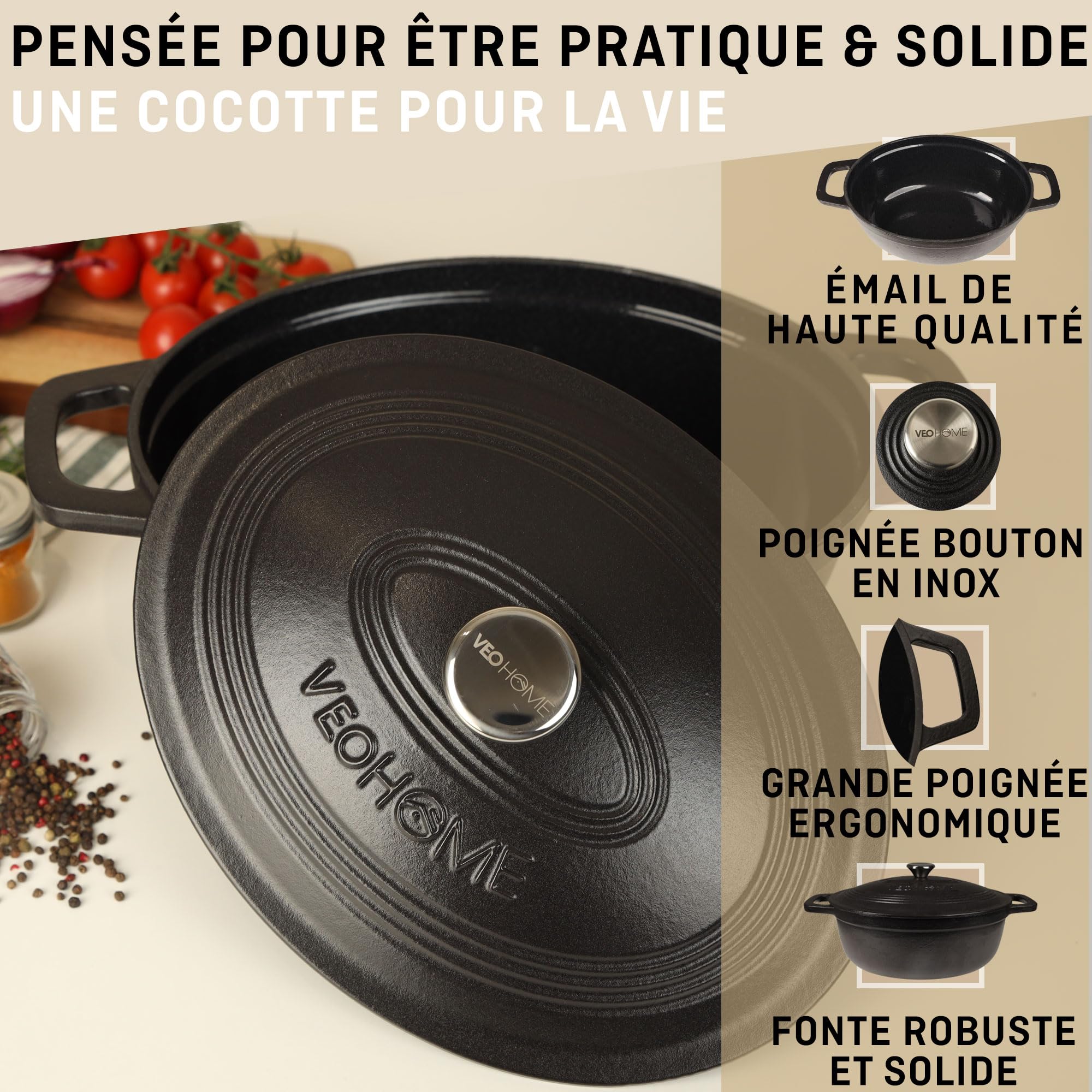 Cocotte Fonte Émaillée VeoHome Rouge 6L Ø28cm, Faitout Ultra Résistant,Marmite Compatible Induction/Gaz/Four, Cuisson Homogène, Saveurs Authentiques, Couvercle Relief
