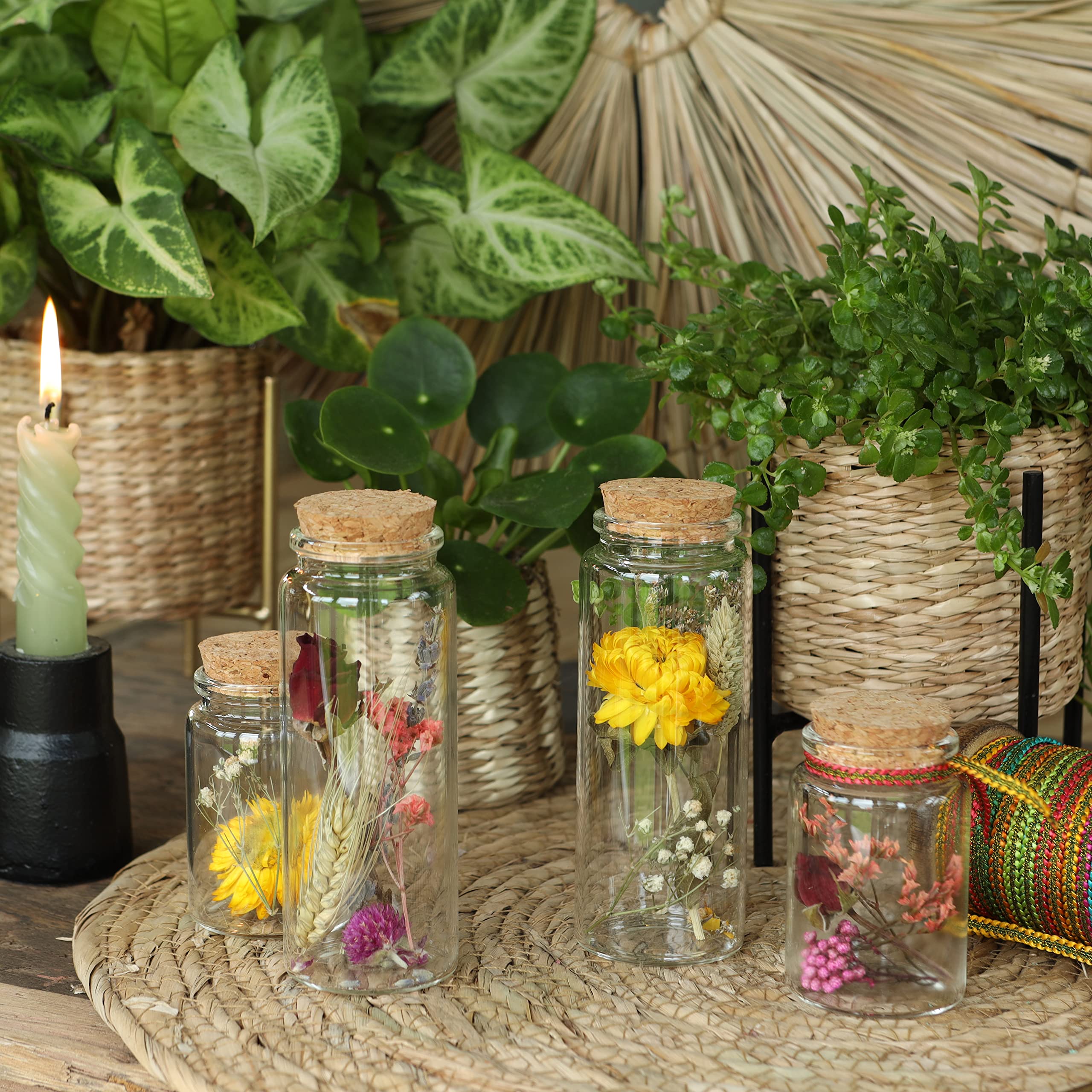 Comforder Fleurs Séchées en Verre avec Bouchon en Liège 4pcs, Décoration de Fleurs Séchées Naturelles dans Bouteille en Verre, Mariage Champêtre (Naturel)