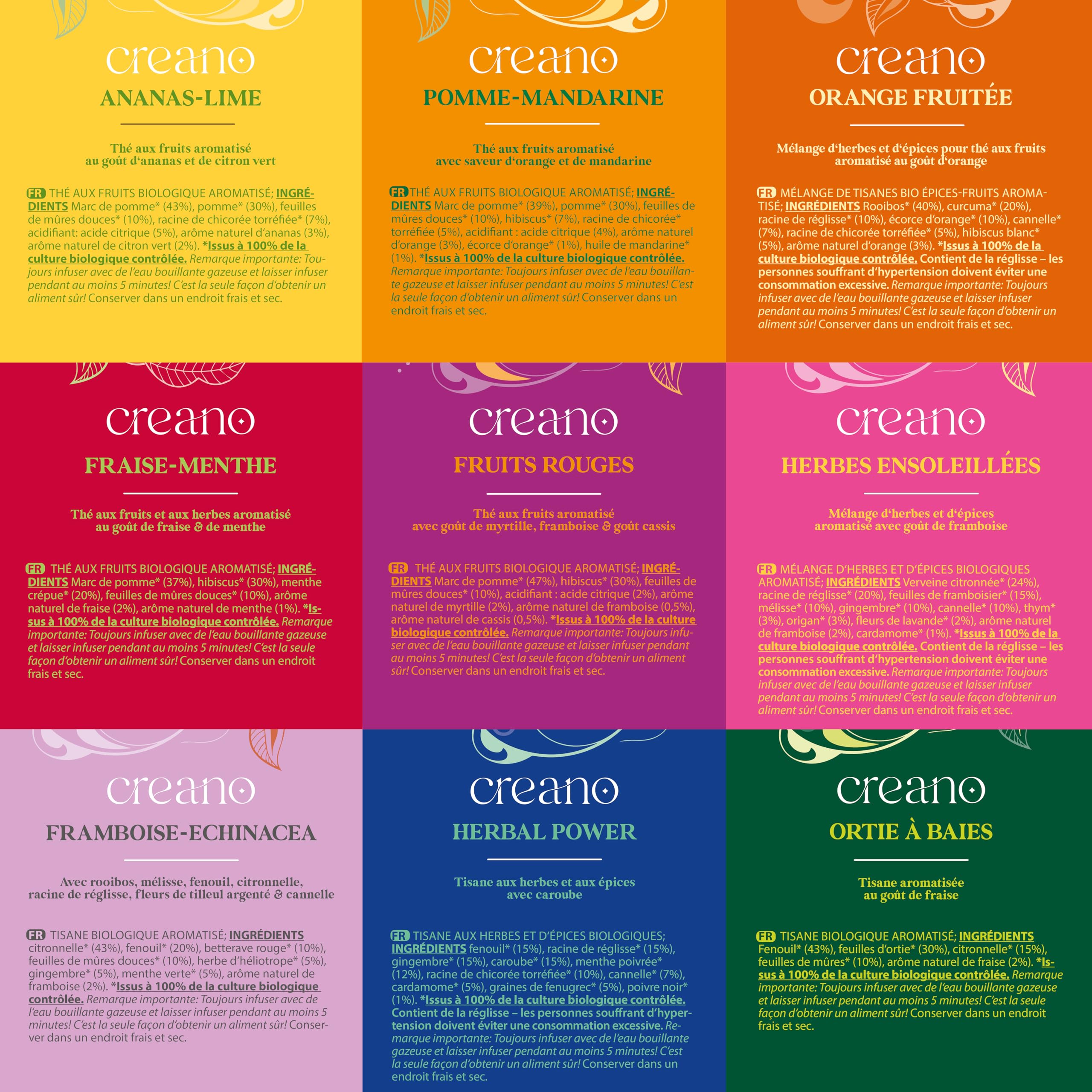 Creano Infusion aux fruits bio - Coffret cadeau - 27 sachets de thé bio en 9 variétés magnifiques - 54g*