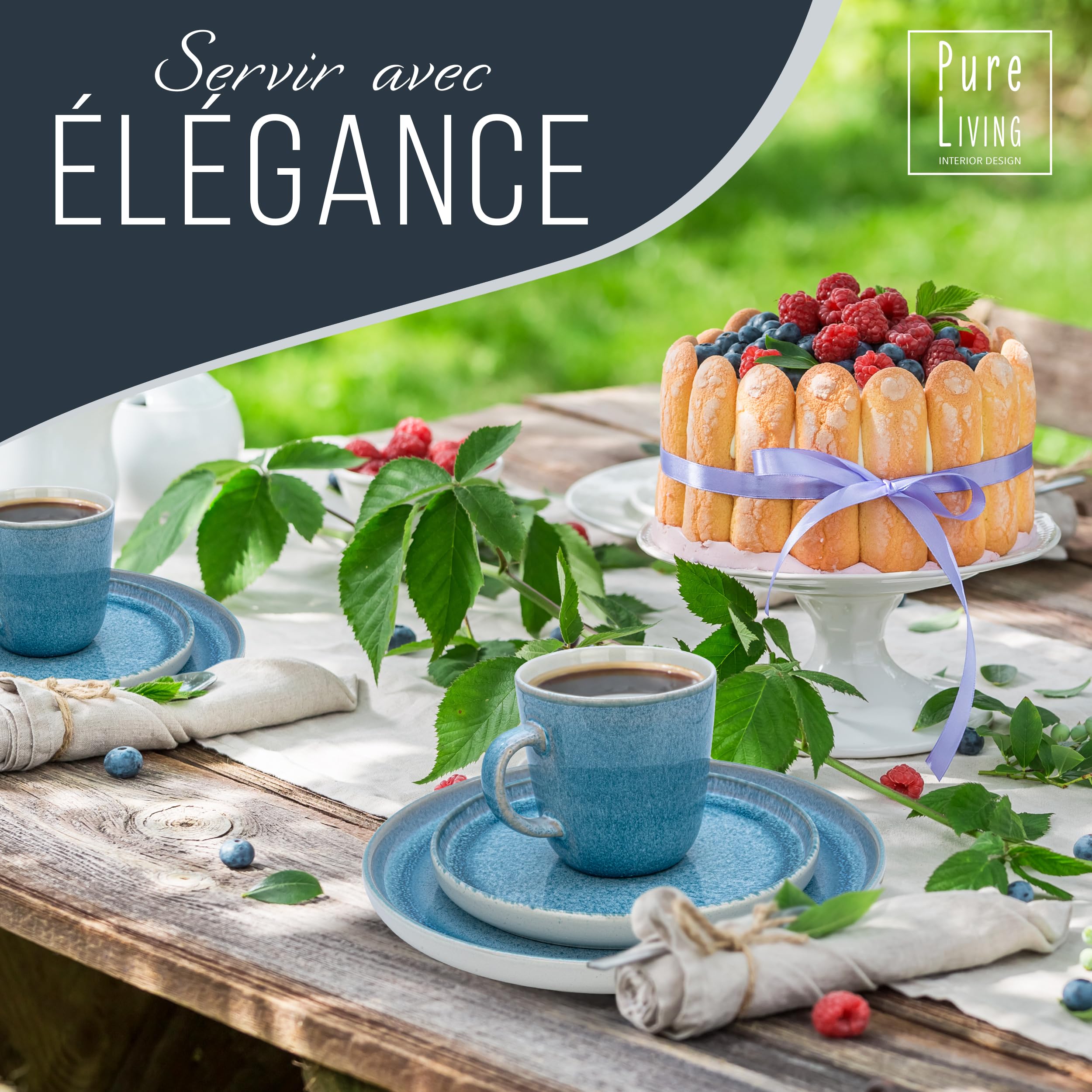 1.1.1.1. Ensemble de Vaisselle Rustique en Grès - Assiettes de Table Modernes Lavables au Lave-Vaisselle - Set de Vaisselle 6 Personnes Élégant en Bleu Fumé - Pure Living pour 6, Assiettes de Dîner