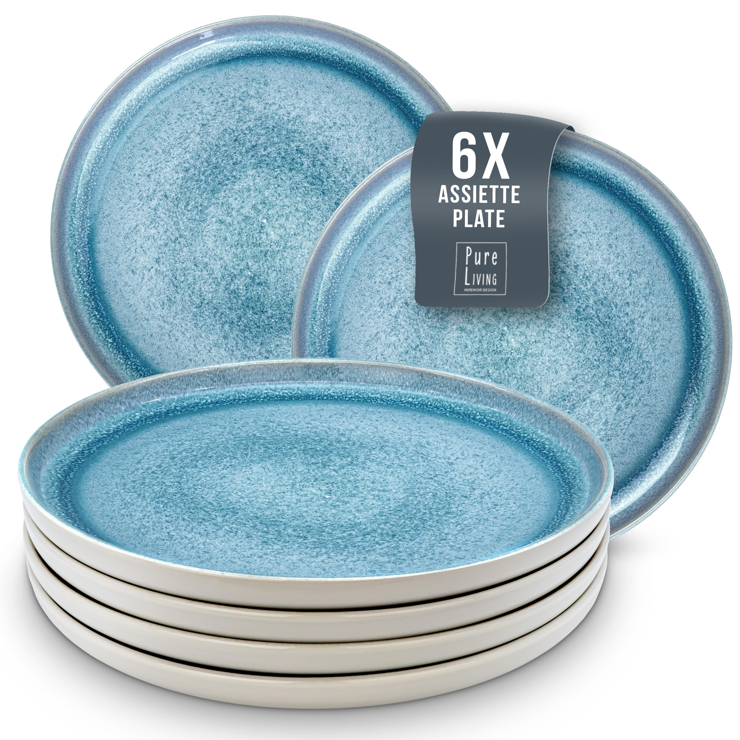 1.1.1.1. Ensemble de Vaisselle Rustique en Grès - Assiettes de Table Modernes Lavables au Lave-Vaisselle - Set de Vaisselle 6 Personnes Élégant en Bleu Fumé - Pure Living pour 6, Assiettes de Dîner