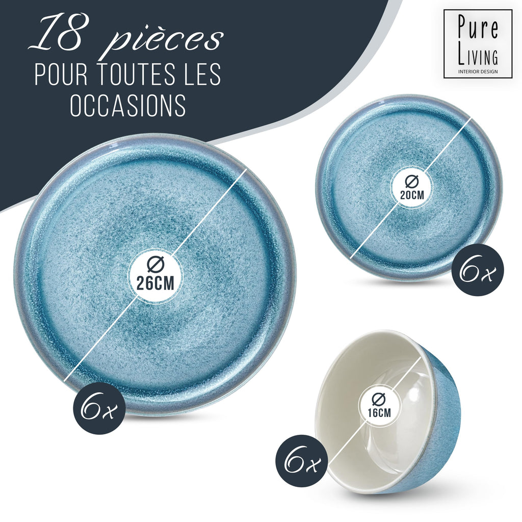 1.1.1.1. Ensemble de Vaisselle Rustique en Grès - Assiettes de Table Modernes Lavables au Lave-Vaisselle - Set de Vaisselle 6 Personnes Élégant en Bleu Fumé - Pure Living pour 6, Assiettes de Dîner