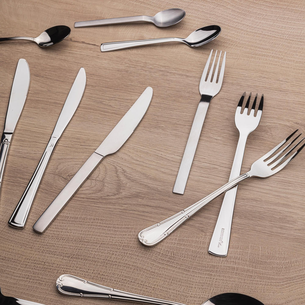 BERGNER Lyon - Ensemble complet 24 couverts - 6 couteaux - 6 fourchettes - 6 cuillères - 6 cuillères à thé - En acier inoxydable robuste - Finition polie mate - Facile à laver