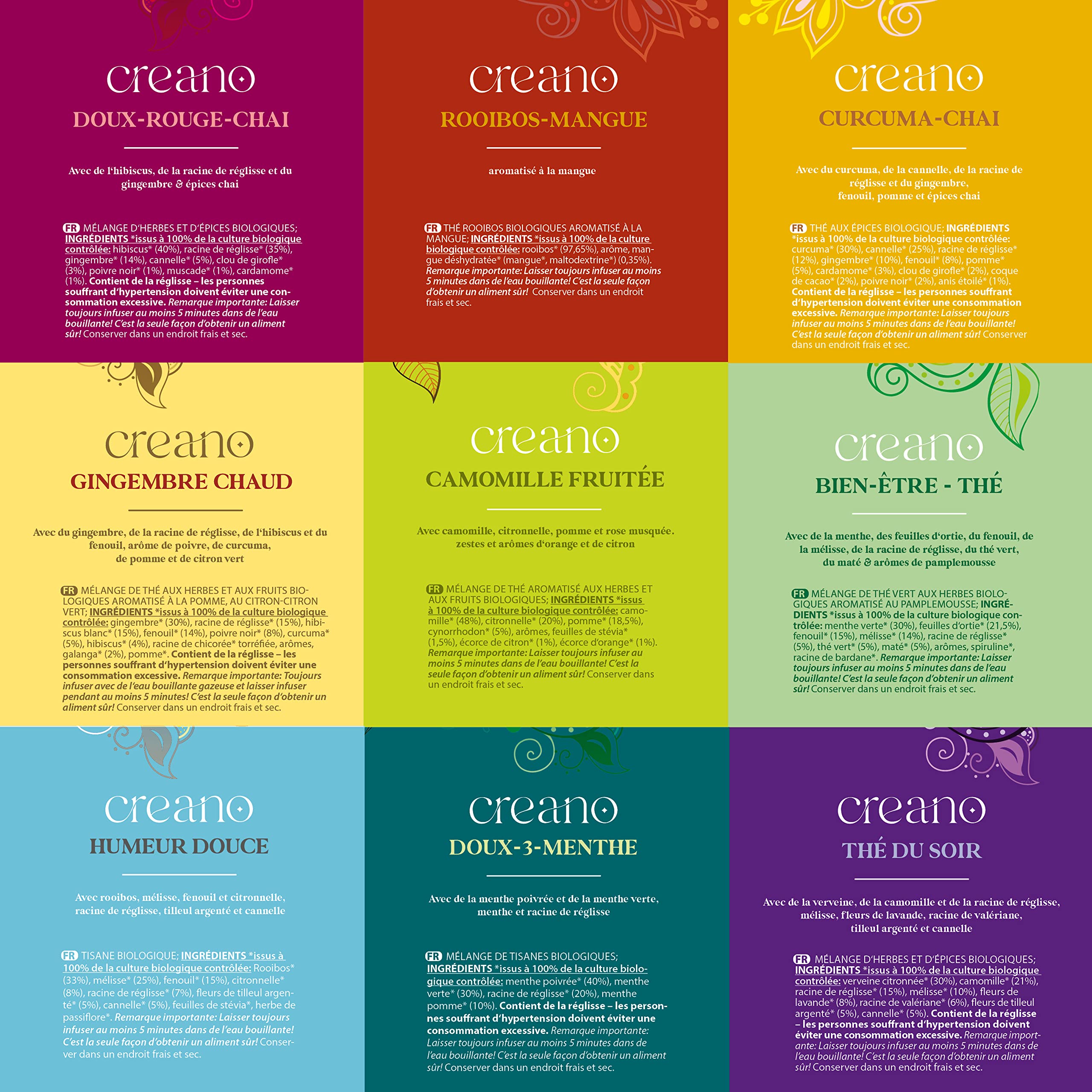 Creano Infusion aux fruits bio - Coffret cadeau - 27 sachets de thé bio en 9 variétés magnifiques - 54g*