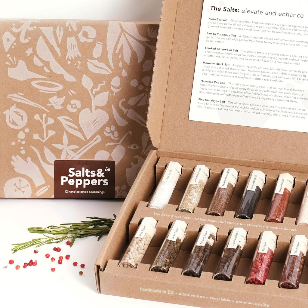 Coffret Cadeau Sels & Poivres de Craftly | Coffret d'épices et d'assaisonnements pour la cuisine | 6 sels & 6 poivres - Himalaya, Hawaï, Romarin citronné & plus | Coffret cadeau pour hommes & femmes