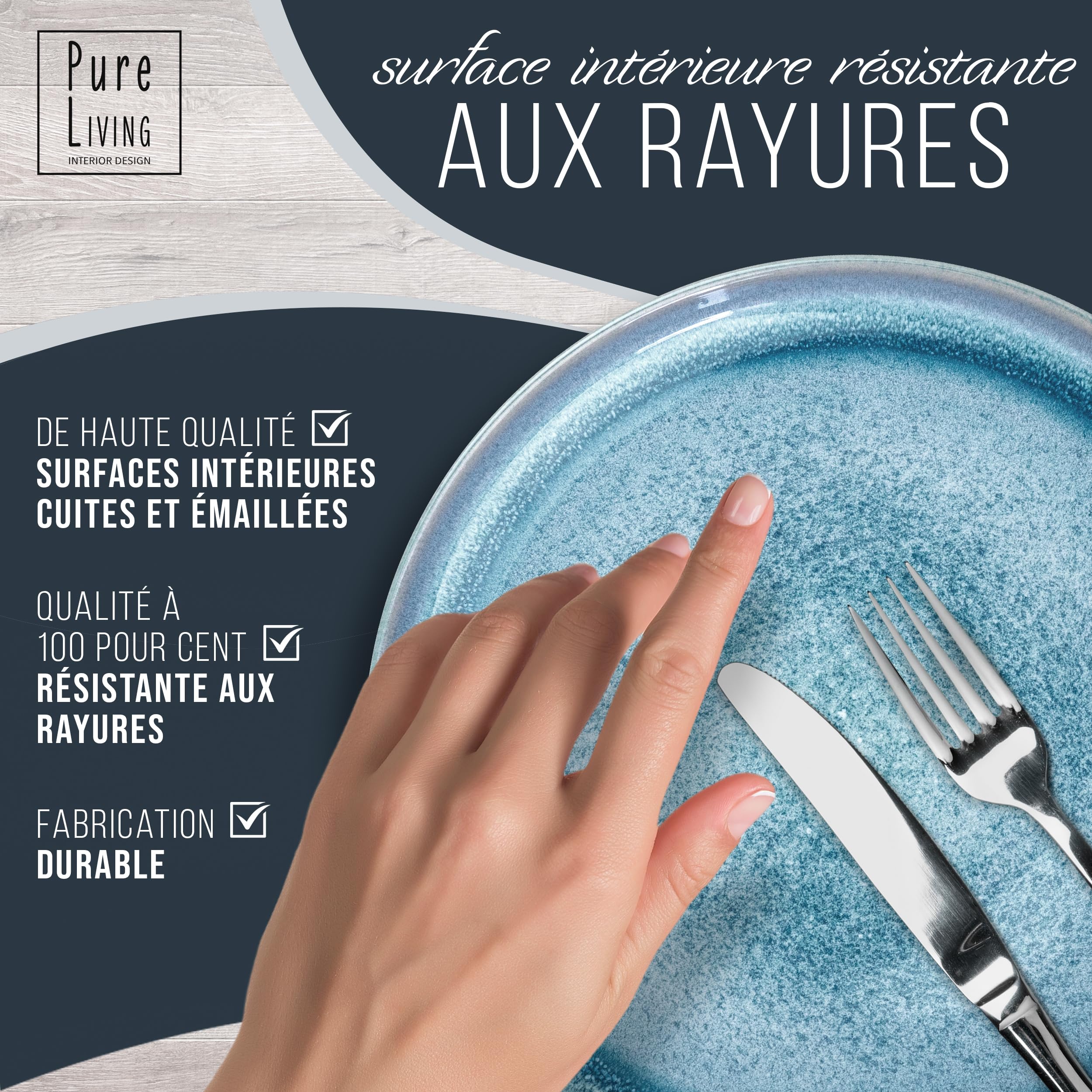 1.1.1.1. Ensemble de Vaisselle Rustique en Grès - Assiettes de Table Modernes Lavables au Lave-Vaisselle - Set de Vaisselle 6 Personnes Élégant en Bleu Fumé - Pure Living pour 6, Assiettes de Dîner