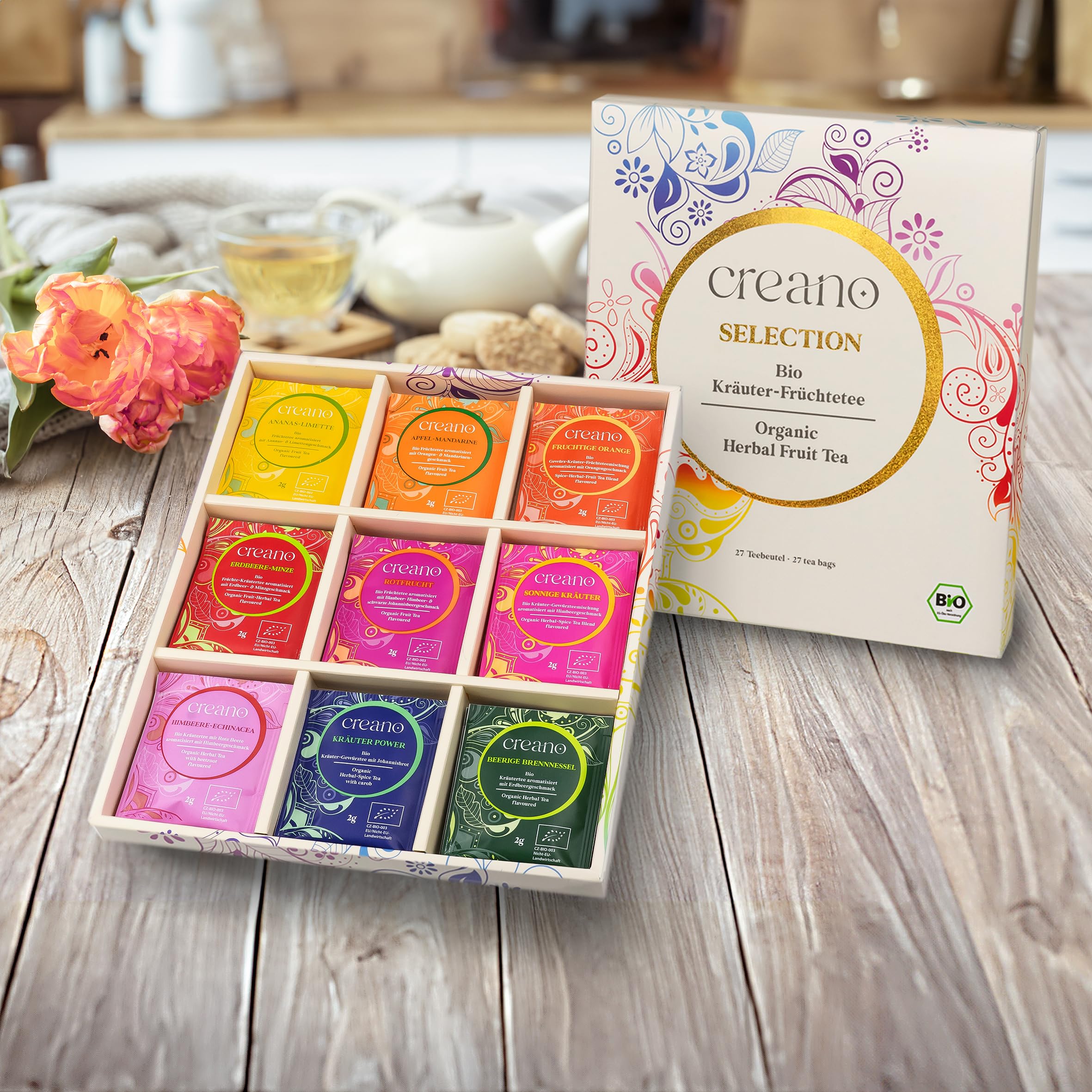 Creano Infusion aux fruits bio - Coffret cadeau - 27 sachets de thé bio en 9 variétés magnifiques - 54g*