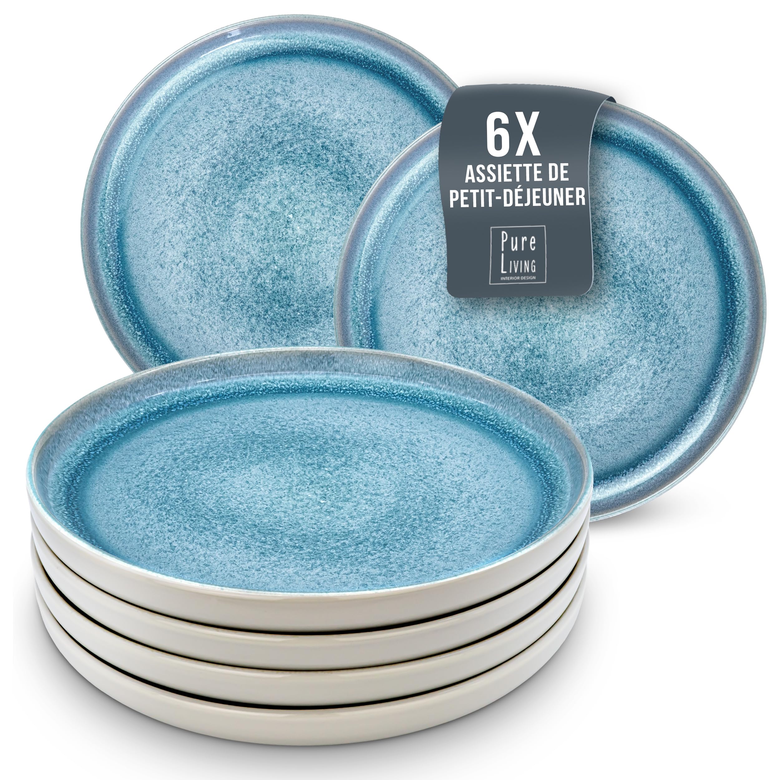 1.1.1.1. Ensemble de Vaisselle Rustique en Grès - Assiettes de Table Modernes Lavables au Lave-Vaisselle - Set de Vaisselle 6 Personnes Élégant en Bleu Fumé - Pure Living pour 6, Assiettes de Dîner