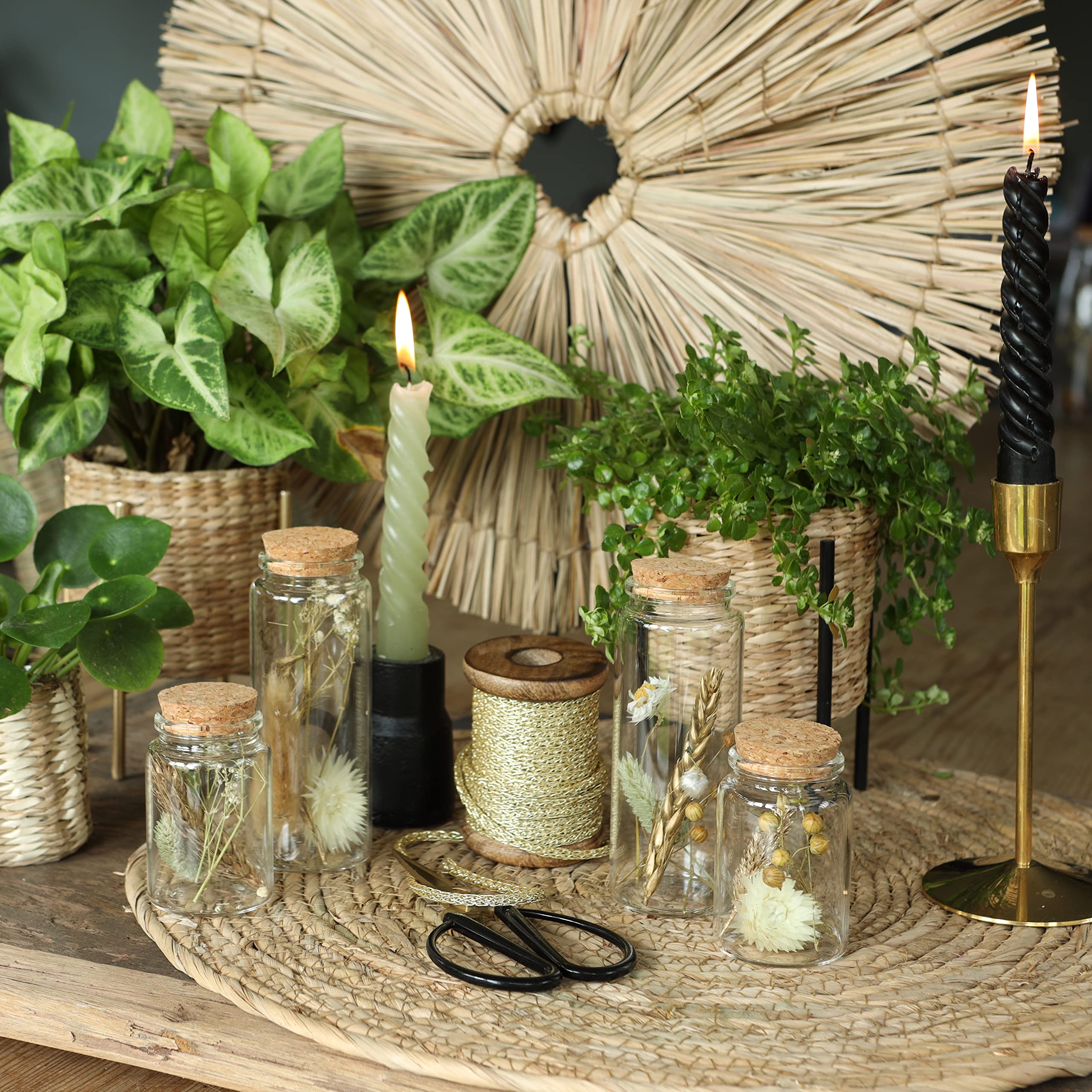 Comforder Fleurs Séchées en Verre avec Bouchon en Liège 4pcs, Décoration de Fleurs Séchées Naturelles dans Bouteille en Verre, Mariage Champêtre (Naturel)