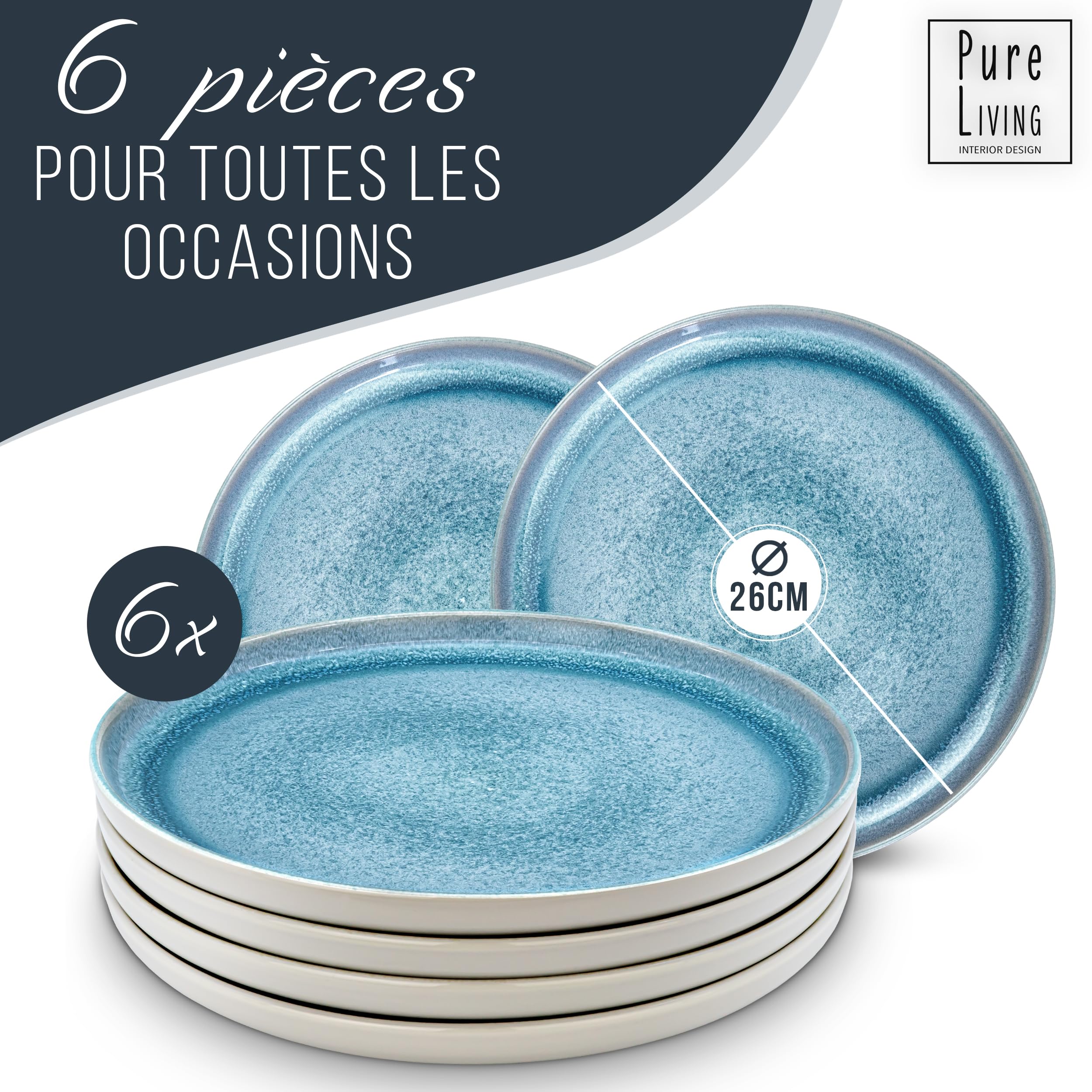 1.1.1.1. Ensemble de Vaisselle Rustique en Grès - Assiettes de Table Modernes Lavables au Lave-Vaisselle - Set de Vaisselle 6 Personnes Élégant en Bleu Fumé - Pure Living pour 6, Assiettes de Dîner