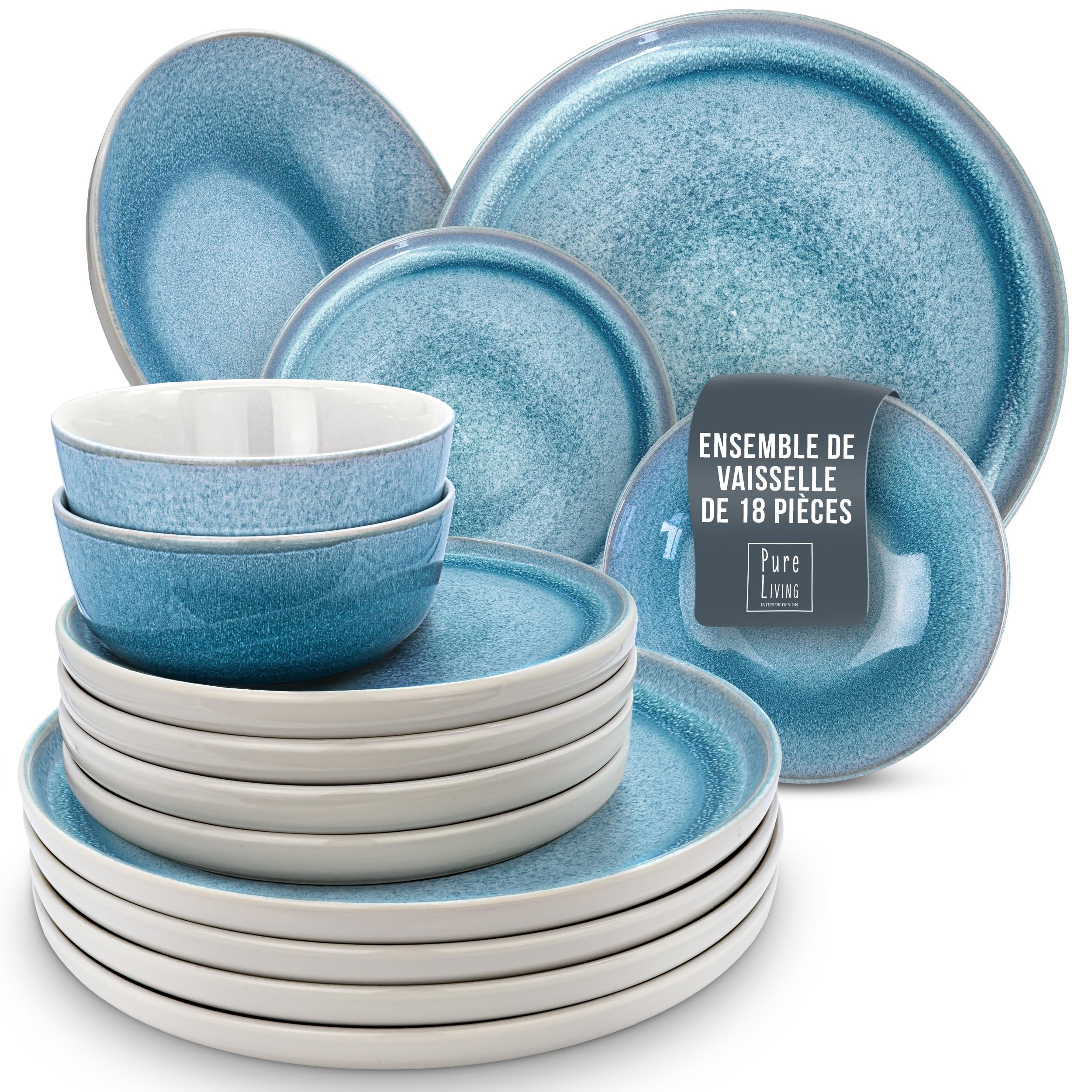 1.1.1.1. Ensemble de Vaisselle Rustique en Grès - Assiettes de Table Modernes Lavables au Lave-Vaisselle - Set de Vaisselle 6 Personnes Élégant en Bleu Fumé - Pure Living pour 6, Assiettes de Dîner