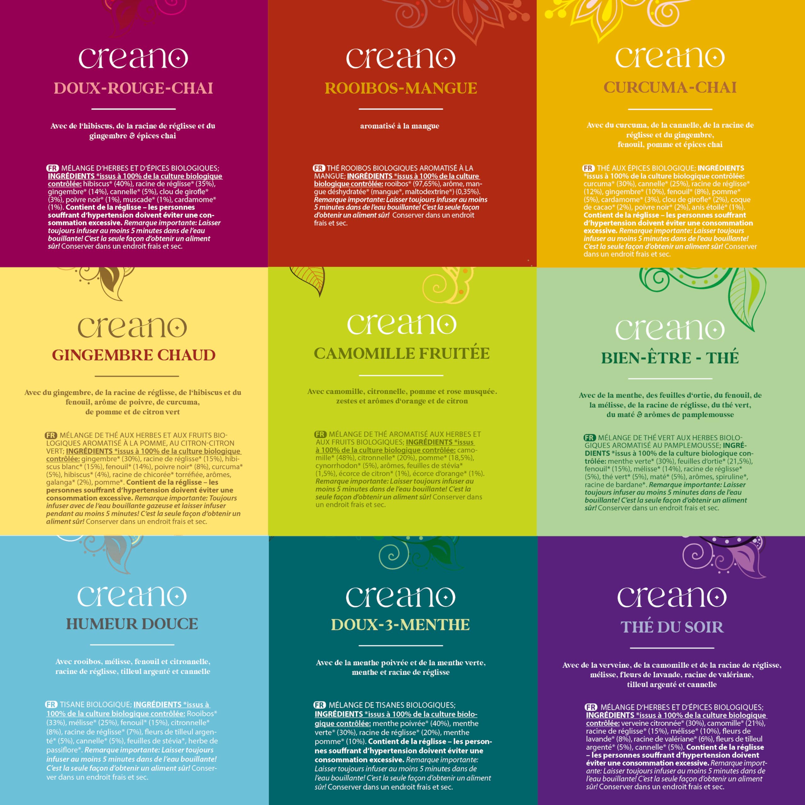 Creano Infusion aux fruits bio - Coffret cadeau - 27 sachets de thé bio en 9 variétés magnifiques - 54g*