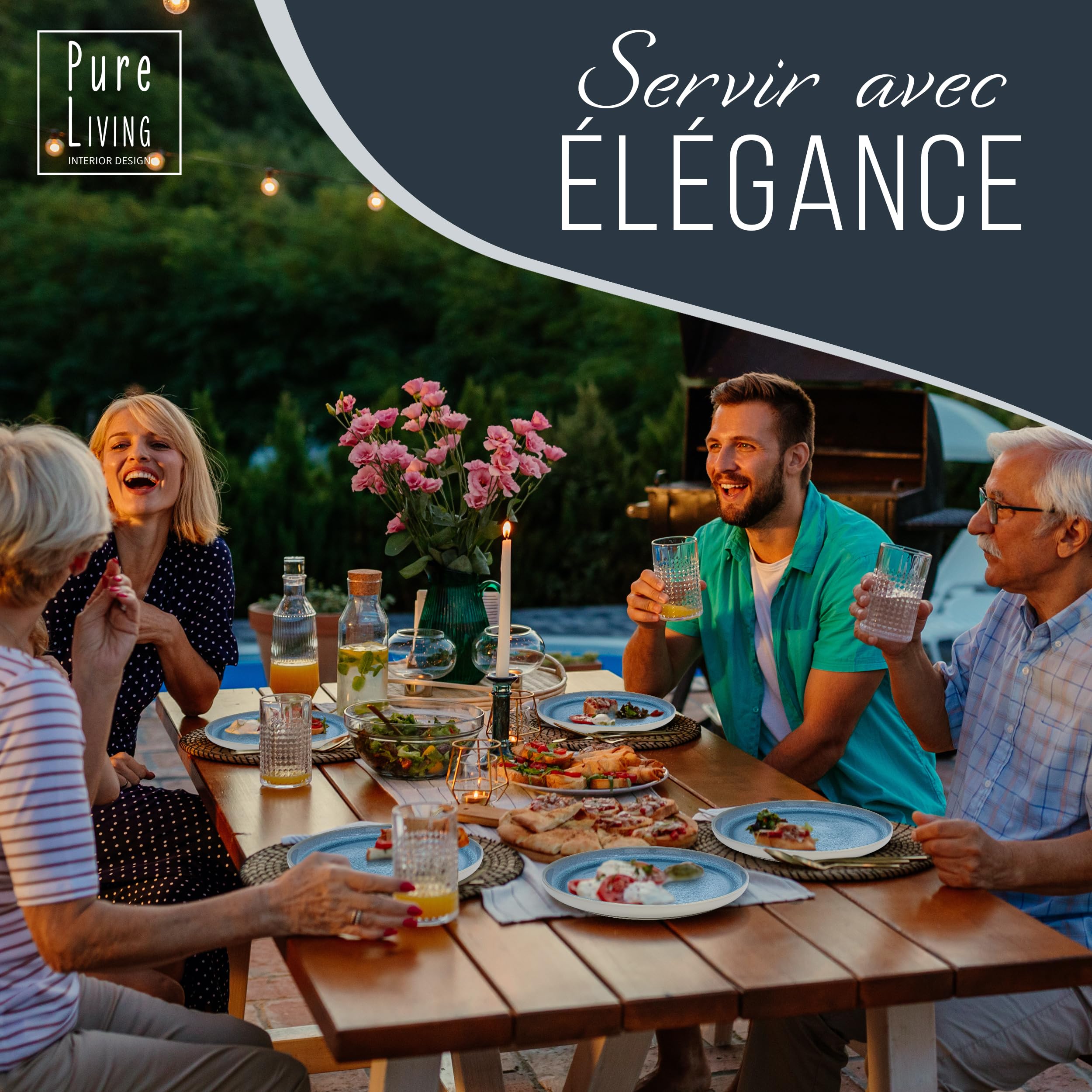 1.1.1.1. Ensemble de Vaisselle Rustique en Grès - Assiettes de Table Modernes Lavables au Lave-Vaisselle - Set de Vaisselle 6 Personnes Élégant en Bleu Fumé - Pure Living pour 6, Assiettes de Dîner