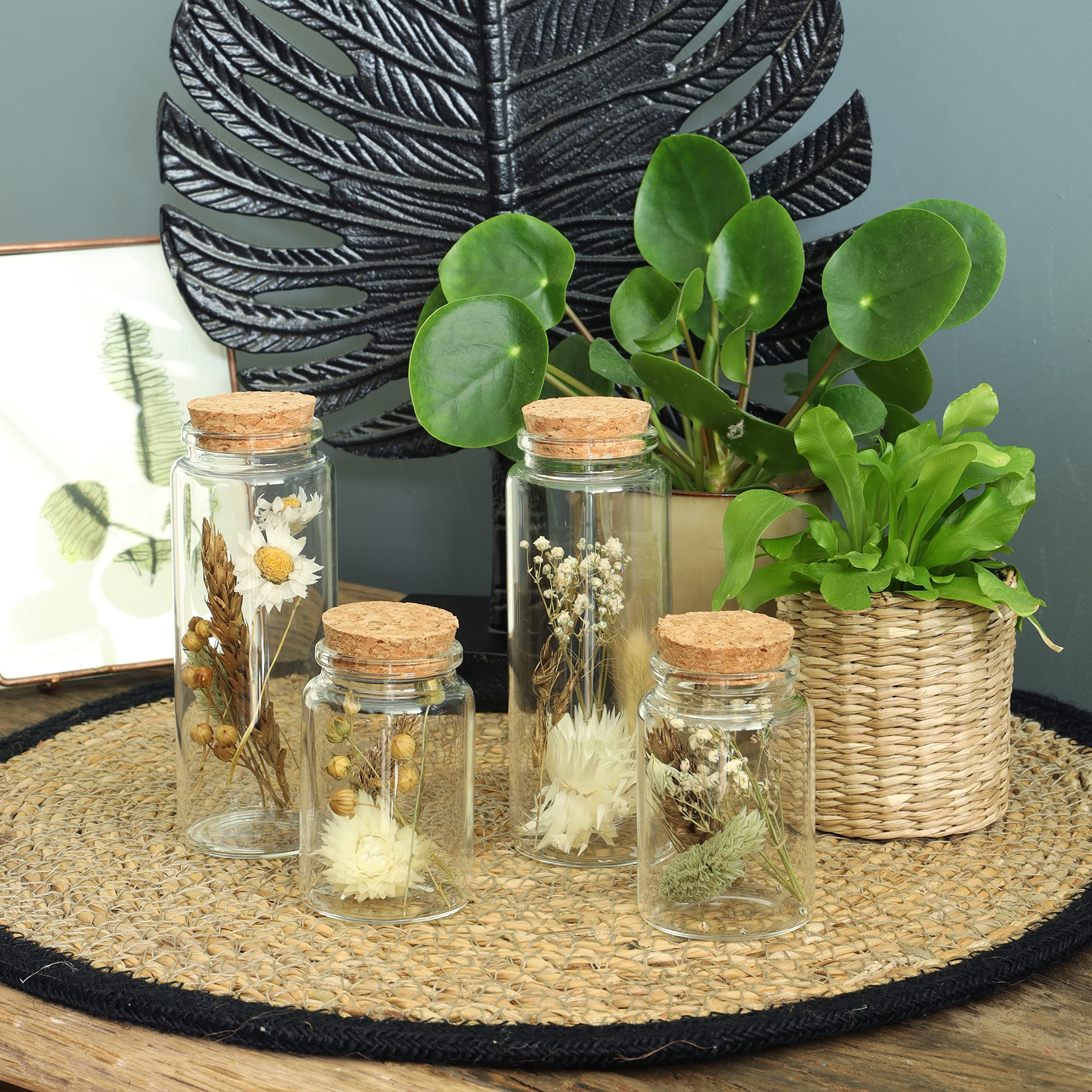 Comforder Fleurs Séchées en Verre avec Bouchon en Liège 4pcs, Décoration de Fleurs Séchées Naturelles dans Bouteille en Verre, Mariage Champêtre (Naturel)