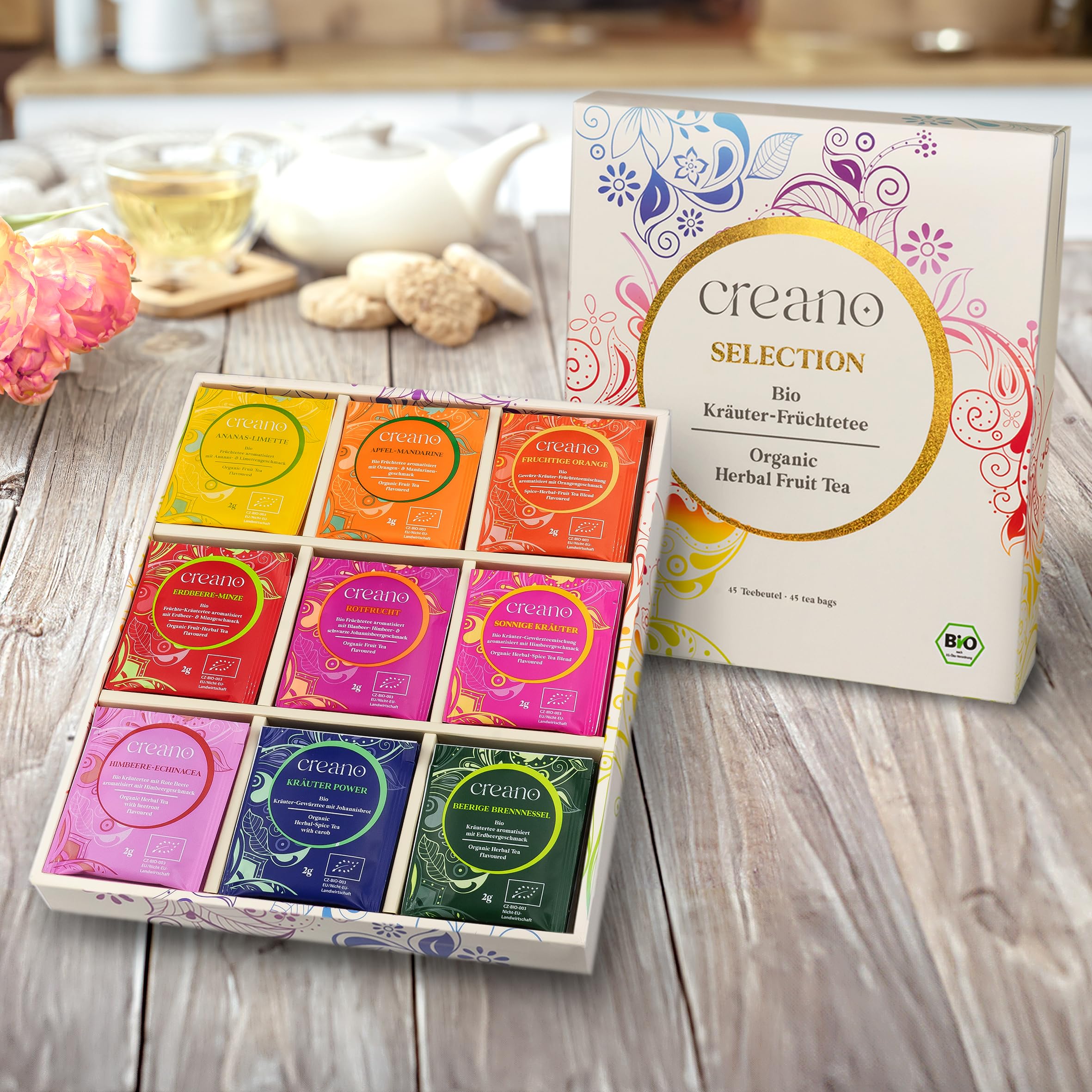 Creano Infusion aux fruits bio - Coffret cadeau - 27 sachets de thé bio en 9 variétés magnifiques - 54g*
