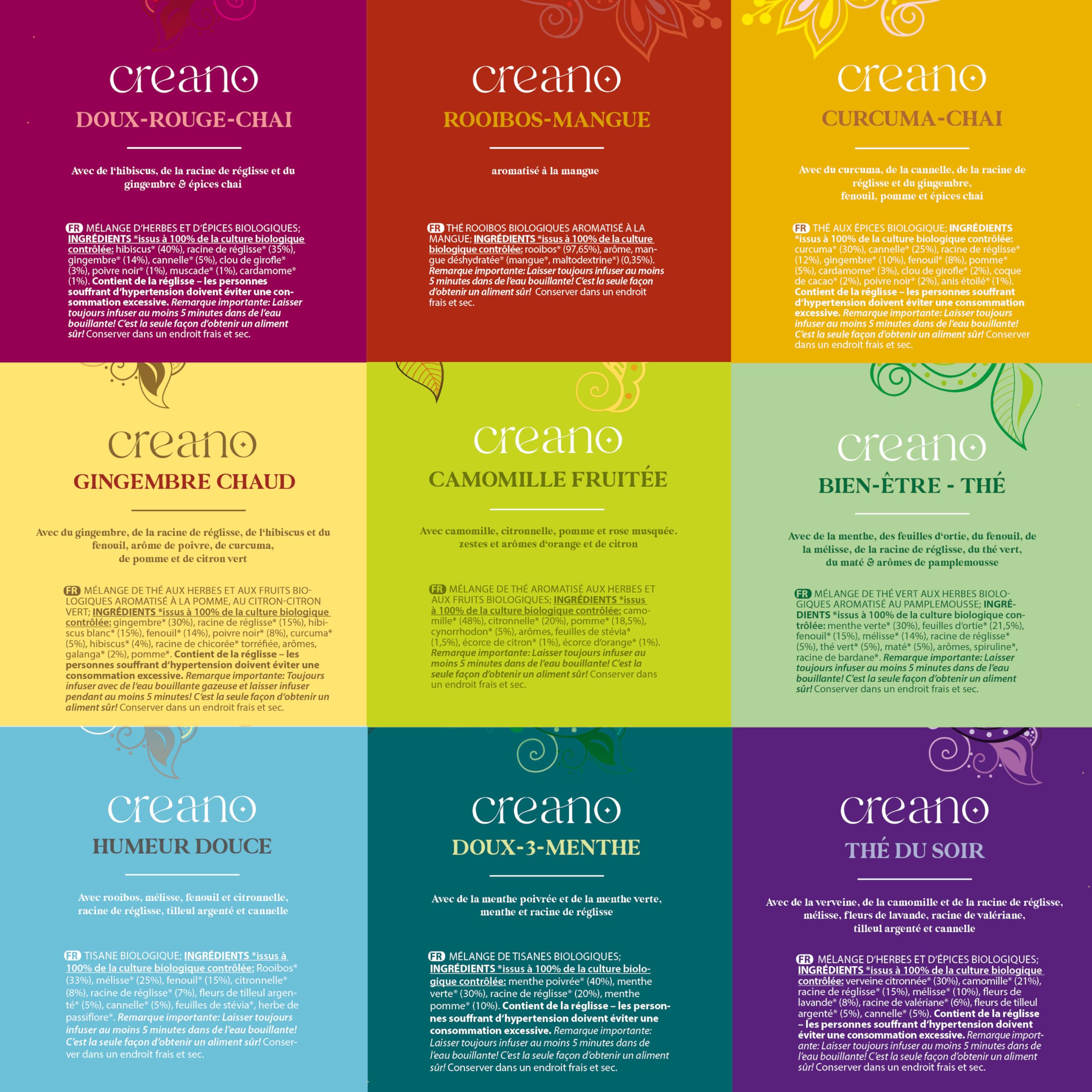 Creano Infusion aux fruits bio - Coffret cadeau - 27 sachets de thé bio en 9 variétés magnifiques - 54g*