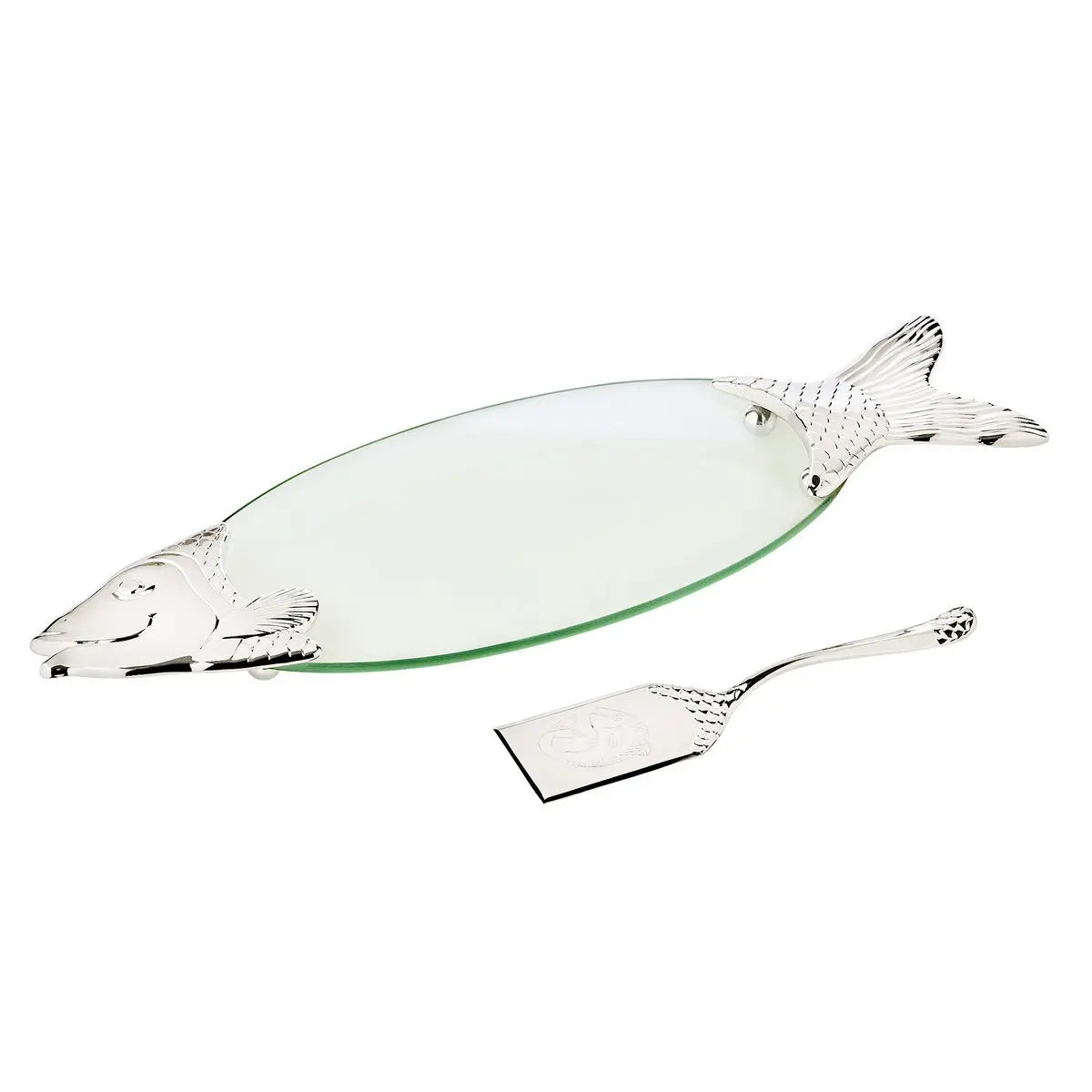 Assiette de poisson EDZARD Saumon, verre, éléments fins argentés, avec élévateur, longueur 58 cm EDZARD-SHOP.com