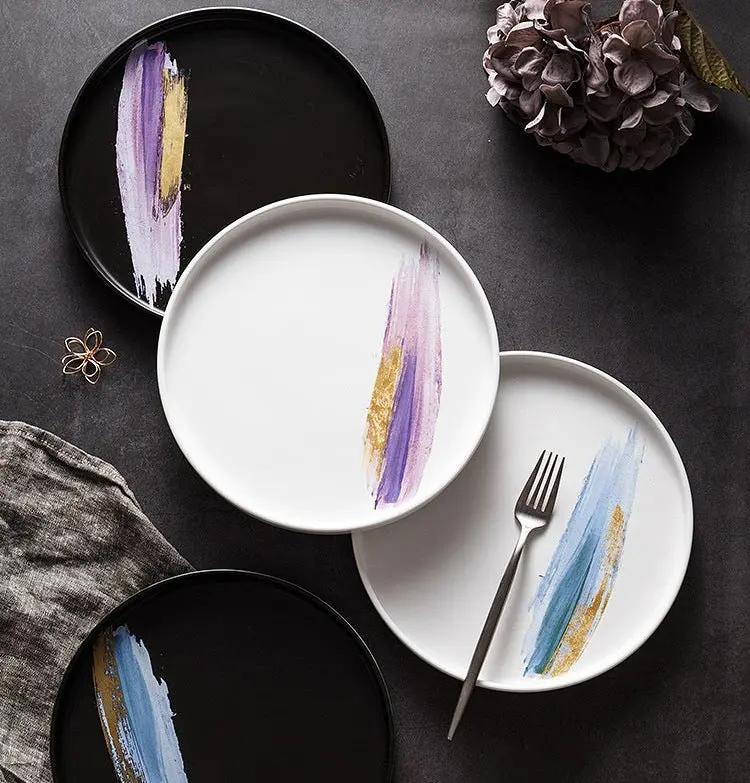 Assiette plate céramique nordique personnalité – Plat porcelaine aquarelle violet bleu Dropshipman