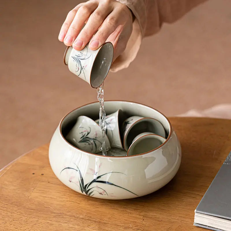 Bassin thé orchidée gris herbe peint main grand céramique – Accessoire cérémonie thé artisanal Dropshipman