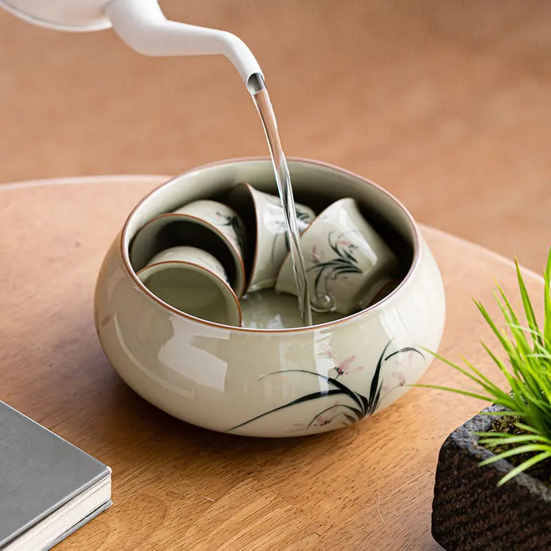 Bassin thé orchidée gris herbe peint main grand céramique – Accessoire cérémonie thé artisanal Dropshipman