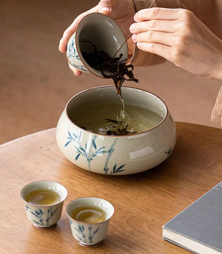 Bassin thé orchidée gris herbe peint main grand céramique – Accessoire cérémonie thé artisanal Dropshipman